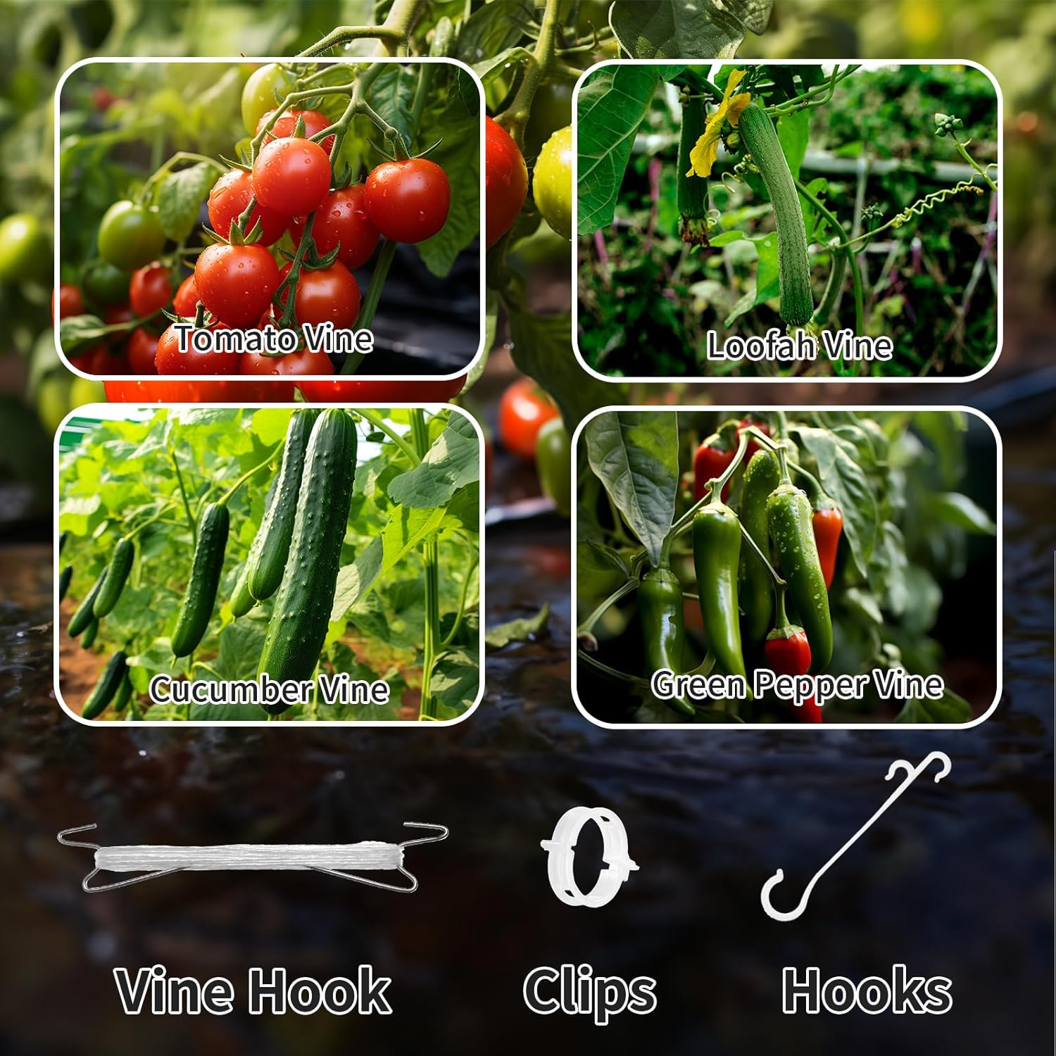 30pcs Tomato Support Hooks with 60pcs Tomato Clips, J Hooks to Prevent Tomatoes from Pinching or Falling Off, Garden Hooks with 33.3ft Twine, Plant Climbing Hooks for Tomatoes Cucumber