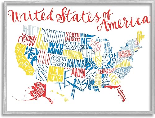 Stupell Industries Mapa tipográfico de Estados Unidos de América, tonos primarios, diseñado por Jace - Arte de pared enmarcado gris gris, 11 x 14,