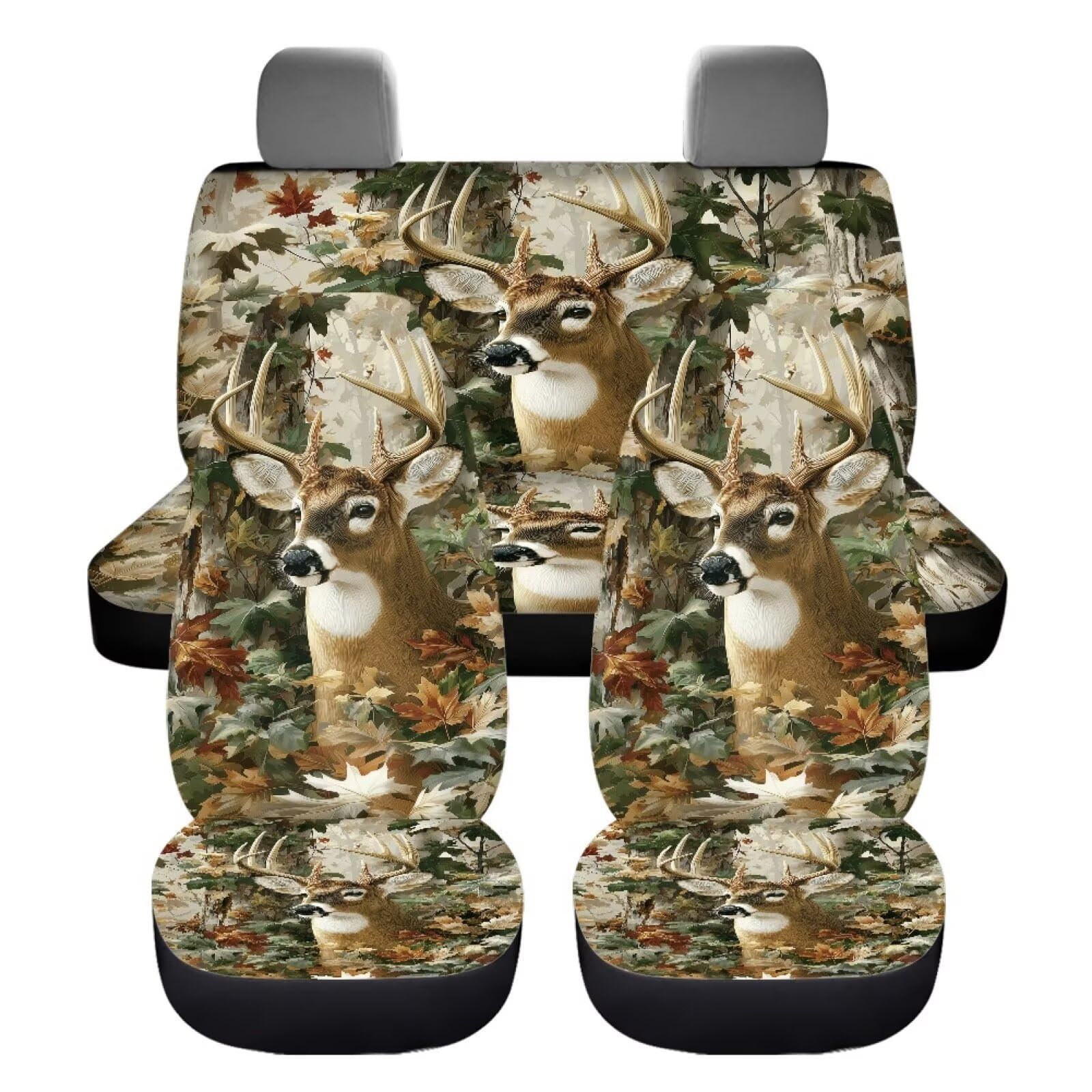 KEIAHUAN Camo Hunting Deer Car Front Back Seat Covers Front Bucket Seat Cover & Rear Bench Seat Protector Anti-Slip High Back Automotive Seat Covers Fit Most Vehicle Truck,SUV