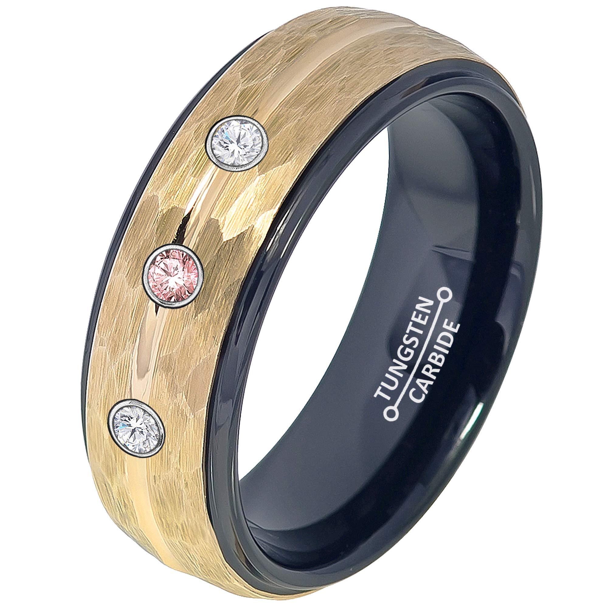0.21ct Pink Tourmaline and Diamond 3-Stone Tungsten Ring - October Birthstone - 8MM Two-Tone Black/Y