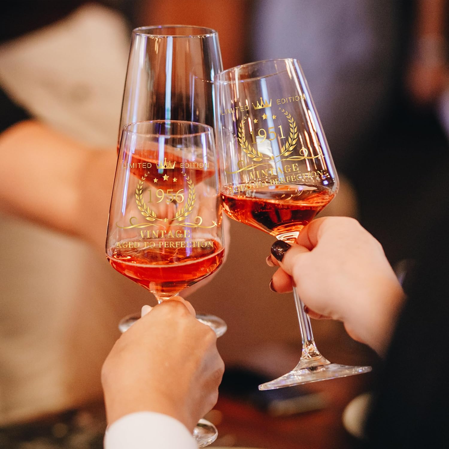 70th Birthday Wine Glasses Gifts for Women, Cool Personalized Gold Print '1956' Red Wine Glass Set, Pink Gift Package with Goblet and Card for 70 Years Old Woman - Image 6