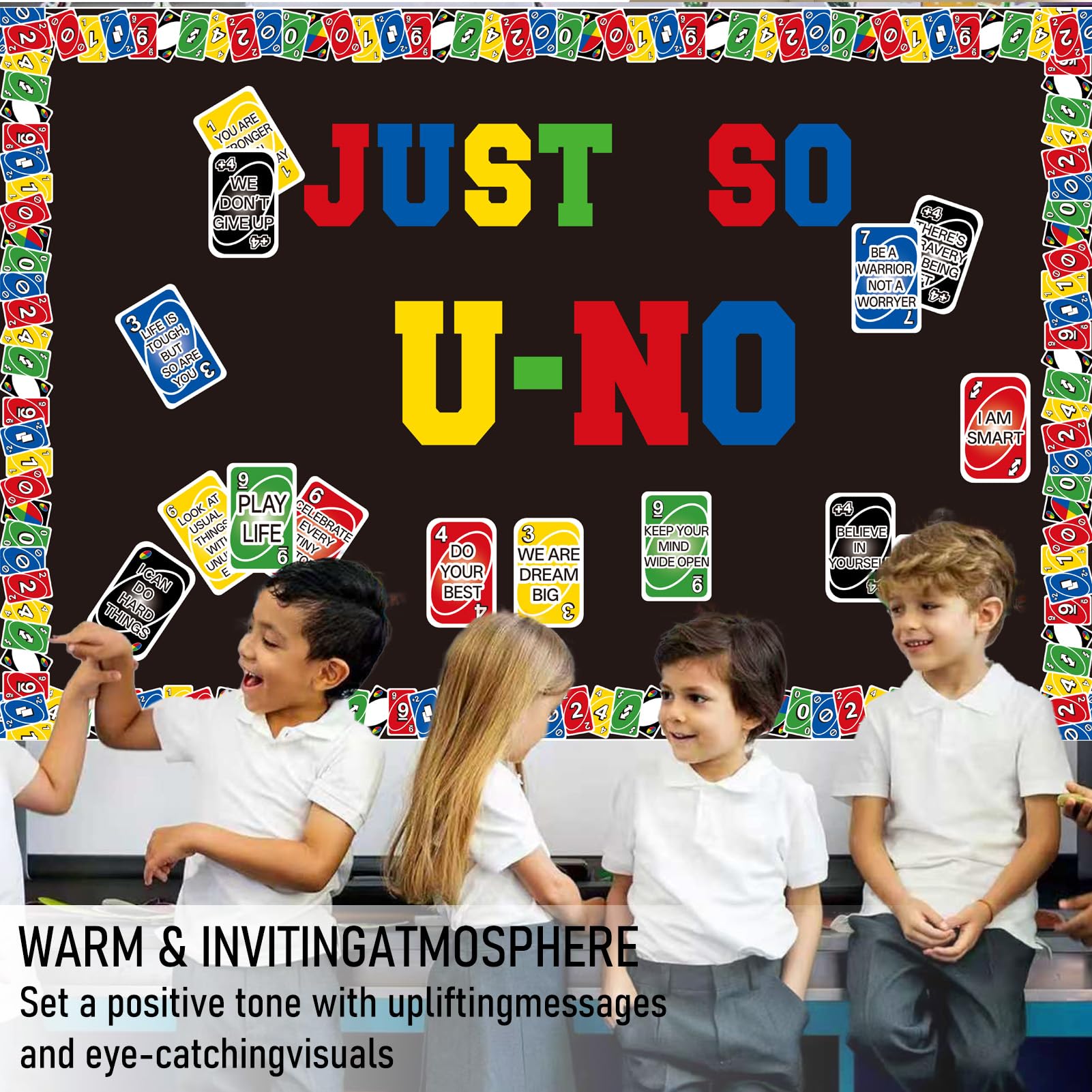 UNO Jeu de cartes positif, décoration de tableau d'affichage positif, bordures de jeu de motivation, décoration de salle de classe, bibliothèque, fenêtre, mur, porte, pour enseignant d'école