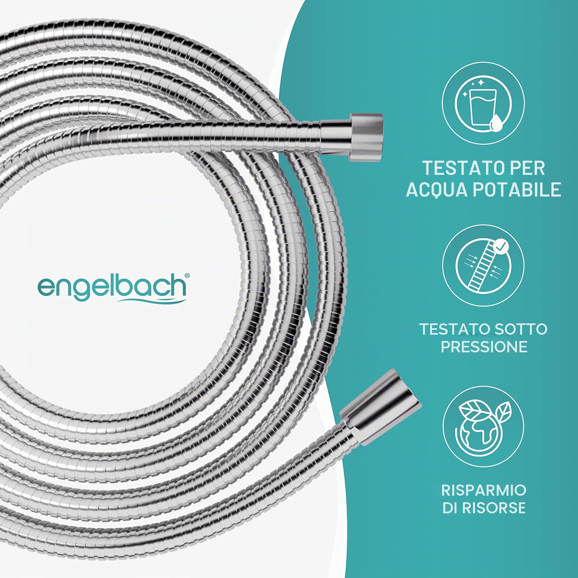Engelbach® Tubo doccia flessibile 1,5m in acciaio inox - Con attacco standard - Flessibile e testato per l'acqua potabile - Made in Germany