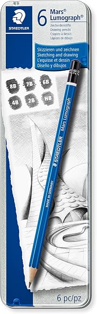 STAEDTLER 100 G6 Mars Lumograph Graphite Pencils for Drawing & Sketching - Assorted Degrees, 8B-HB (Tin of 6)
