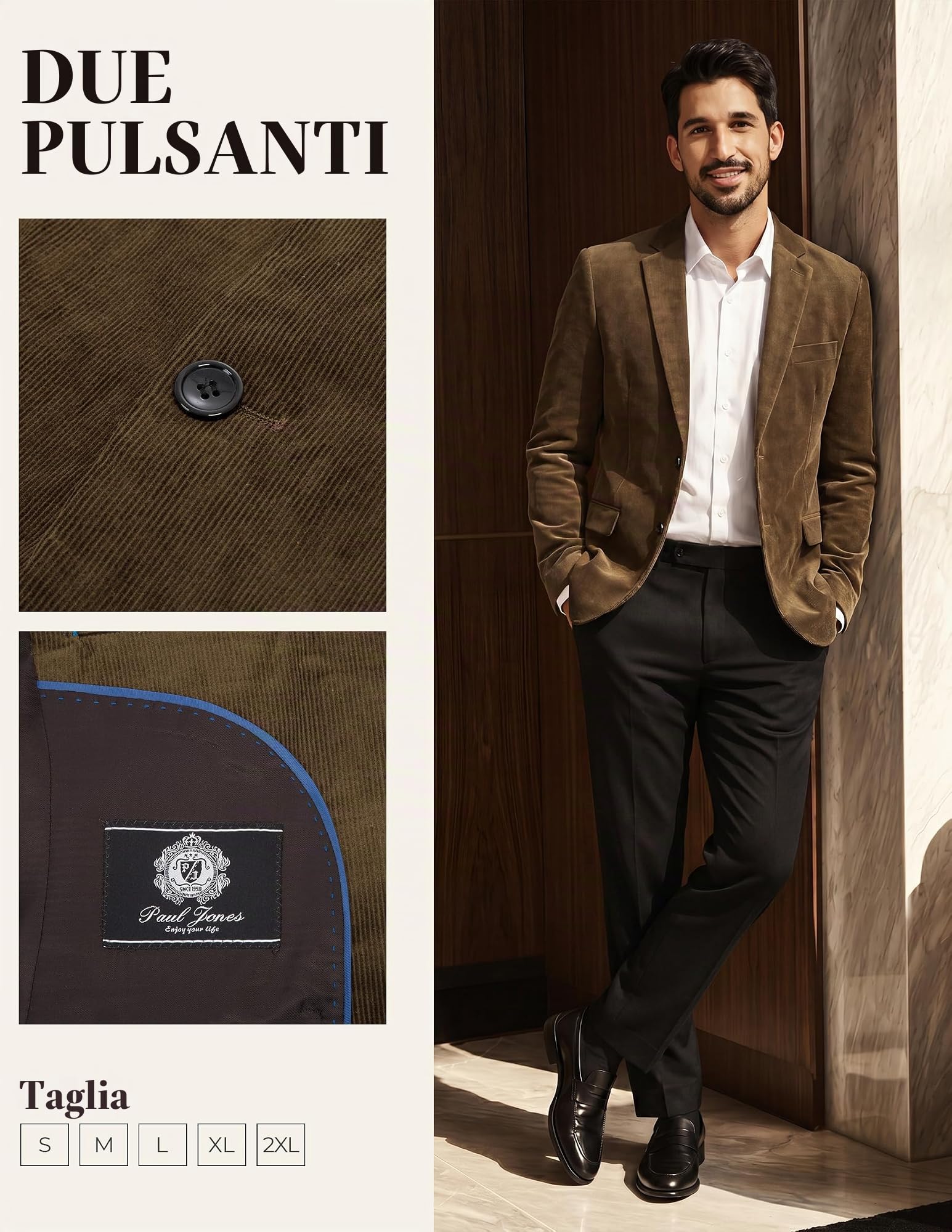 PJ PAUL JONES, Giacca da uomo in velluto a coste, slim fit, con due bottoni, stile casual e sportivo
