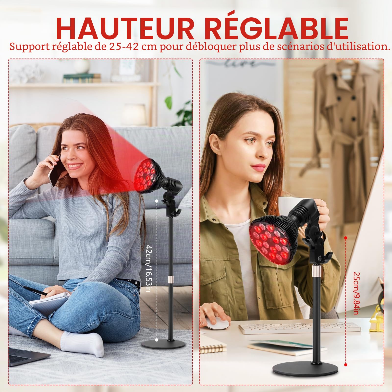 Lampe à lumière rouge avec pied, lampe infrarouge 54W 850 & 660nm, 18 LED pour thérapie par lumière rouge, chaleur profonde pour soulagement des douleurs au visage, cou et dos, efficacité et réglable