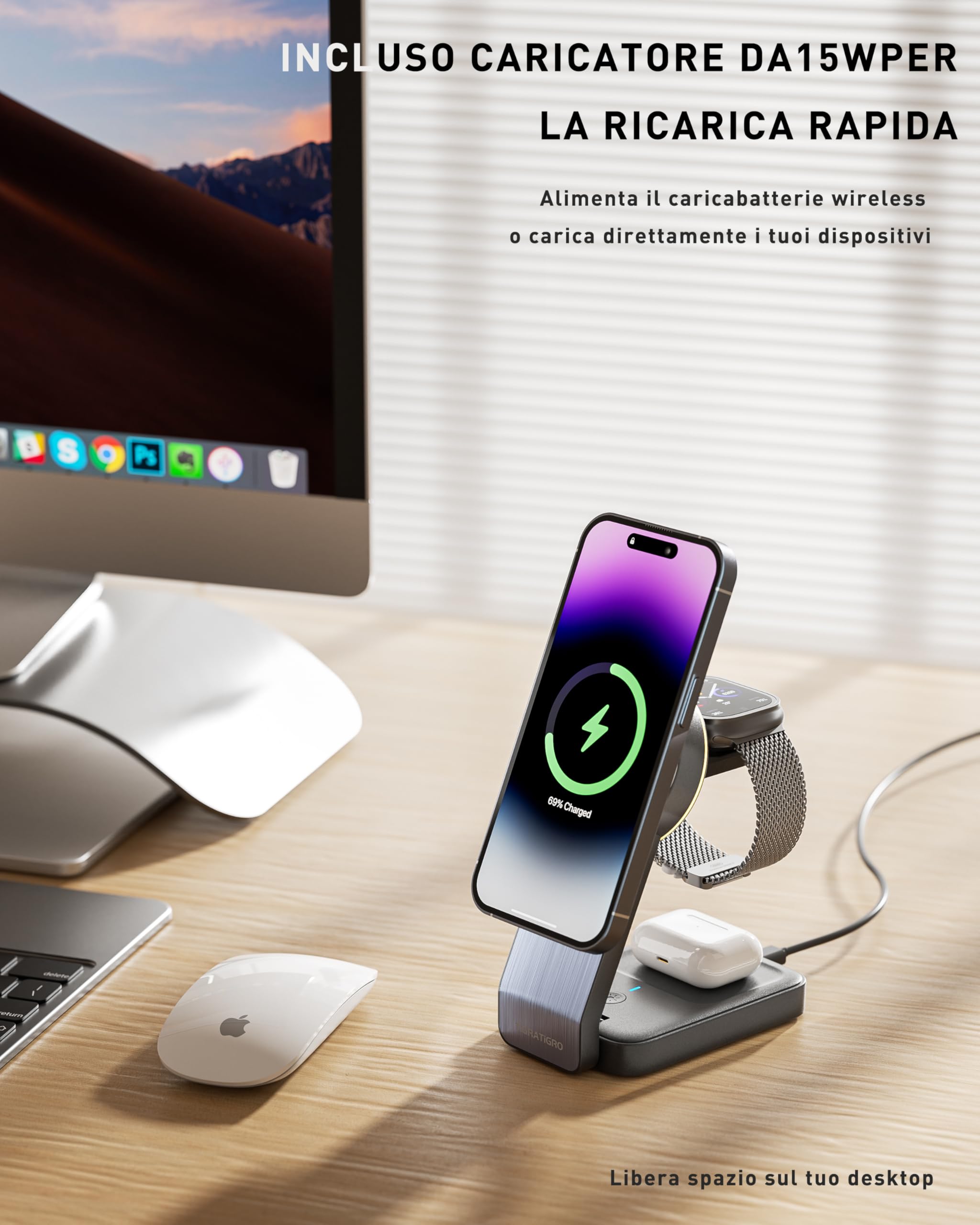 Tigratigro Caricatore Wireless per iPhone con Mag-Safe, 3 in 1 Ricarica Rapida Stazione Magnetica Pieghevole portatile Charger per iPhone 12/13/14/15/16, AirPods 2/3/4/Pro, Watch - Nero