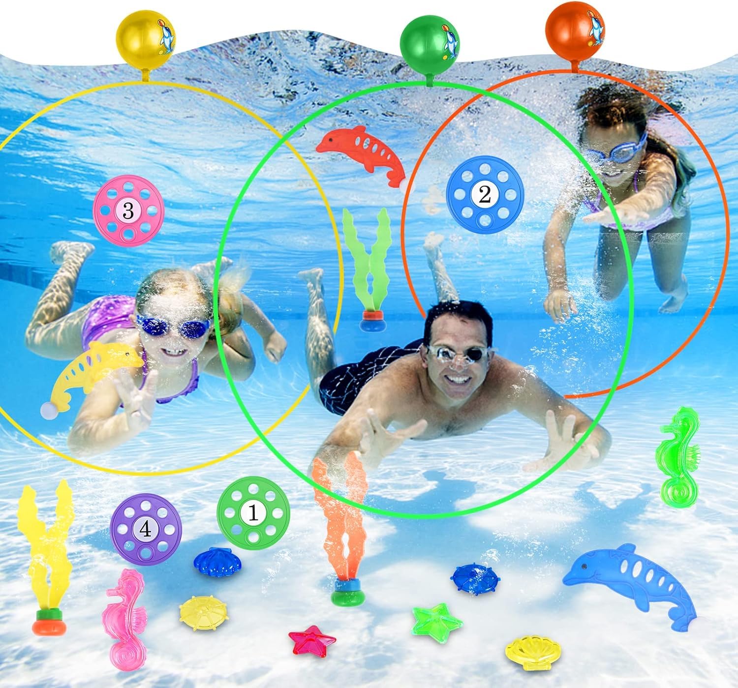 faburo 23pcs Jouets de Plongée, Jeux de Piscine pour Enfant, Jouets de Plongée pour Piscine d'été pour Enfant inclure Anneaux de Plongée, Soucoupe de Plongée, Diamant de Plongée, Dauphin, Algues etc