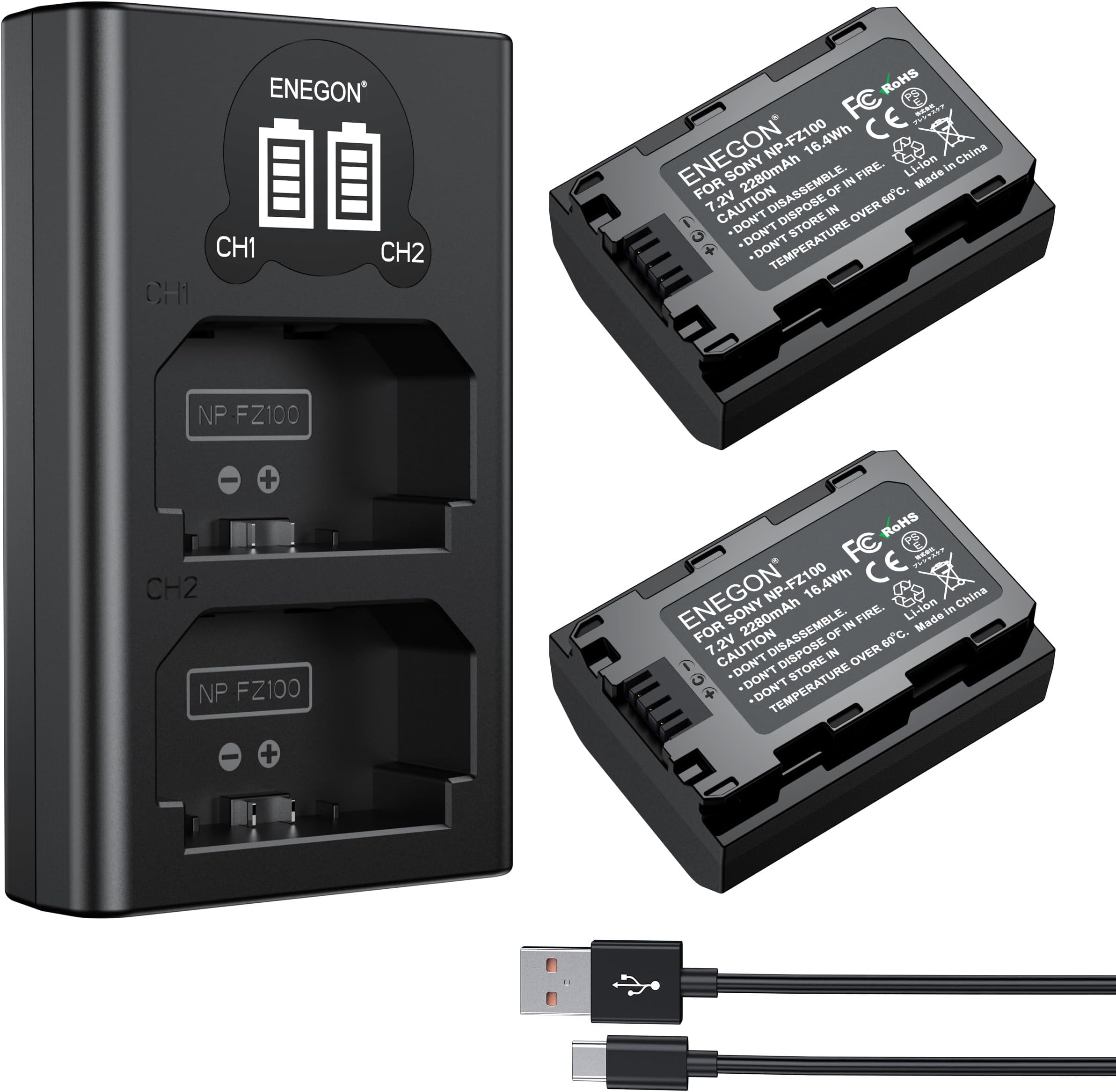 NP-FZ100 Battery 2280mAh and Dual LCD Charger Set for Sony A7iii, A7iv, A7C, A7C ii, A6700, A6600, ZV-E1, ZV-E10ii, FX3, FX30, A9, Alpha 9, Alpha 9S, A9S, A7R3, A7R4 Camera.