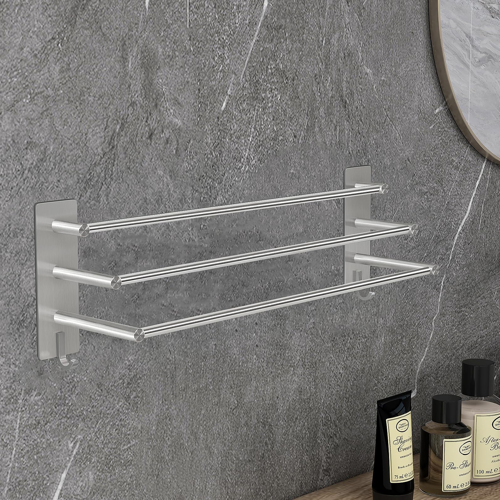 Vista Toallero autoadhesivo 3 barras 60 cm SUS304 acero inoxidable | Toallero sin taladrar plata con dos ganchos toallero para cocina, baño, dormitorio