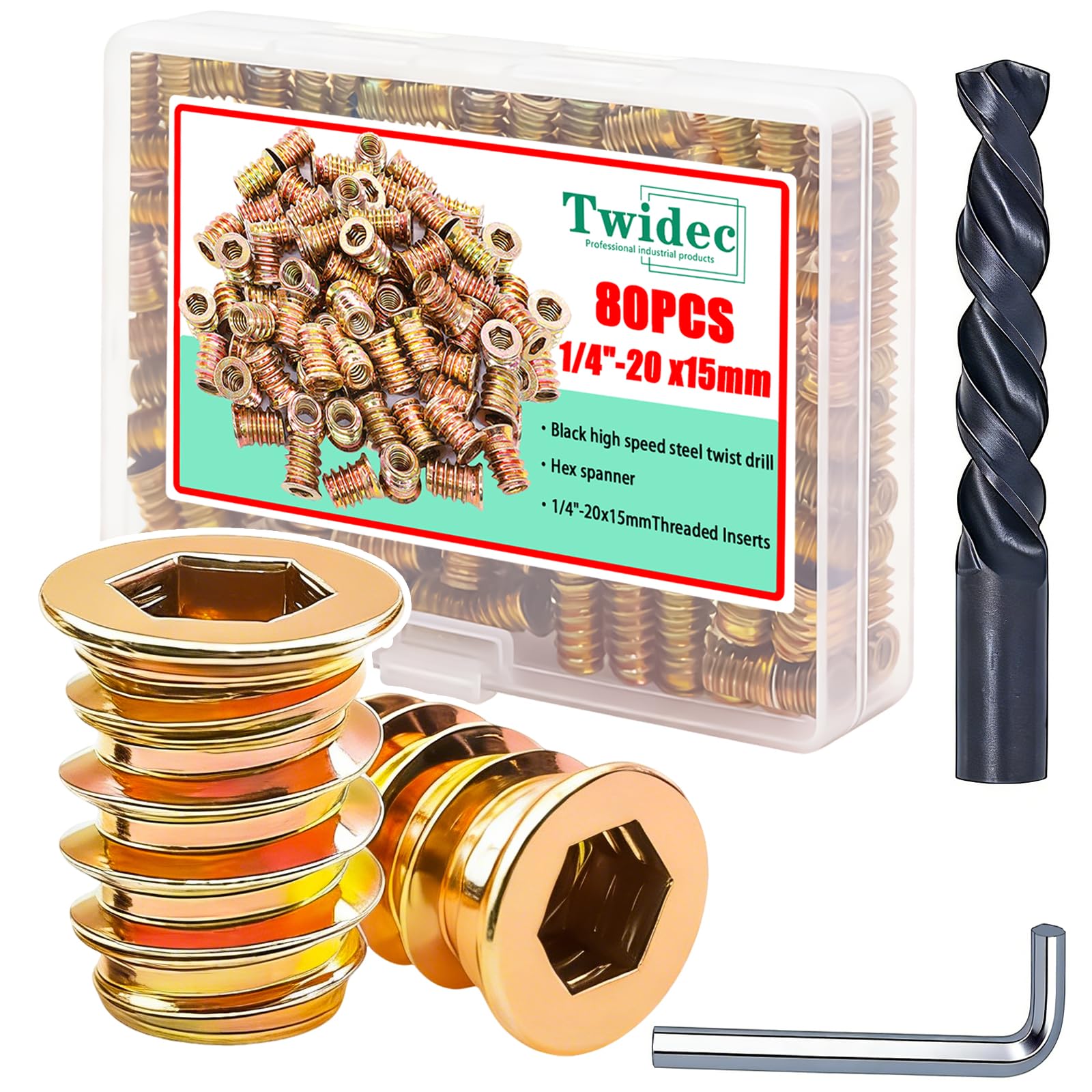 Twidec/80PCS 1/4"-20 Threaded Inserts for Wood Furniture Screw-in Nut Wood Inserts Bolt Assortment Kit with M6 Hex Wrench (1/4"-20 x15mm) N-059