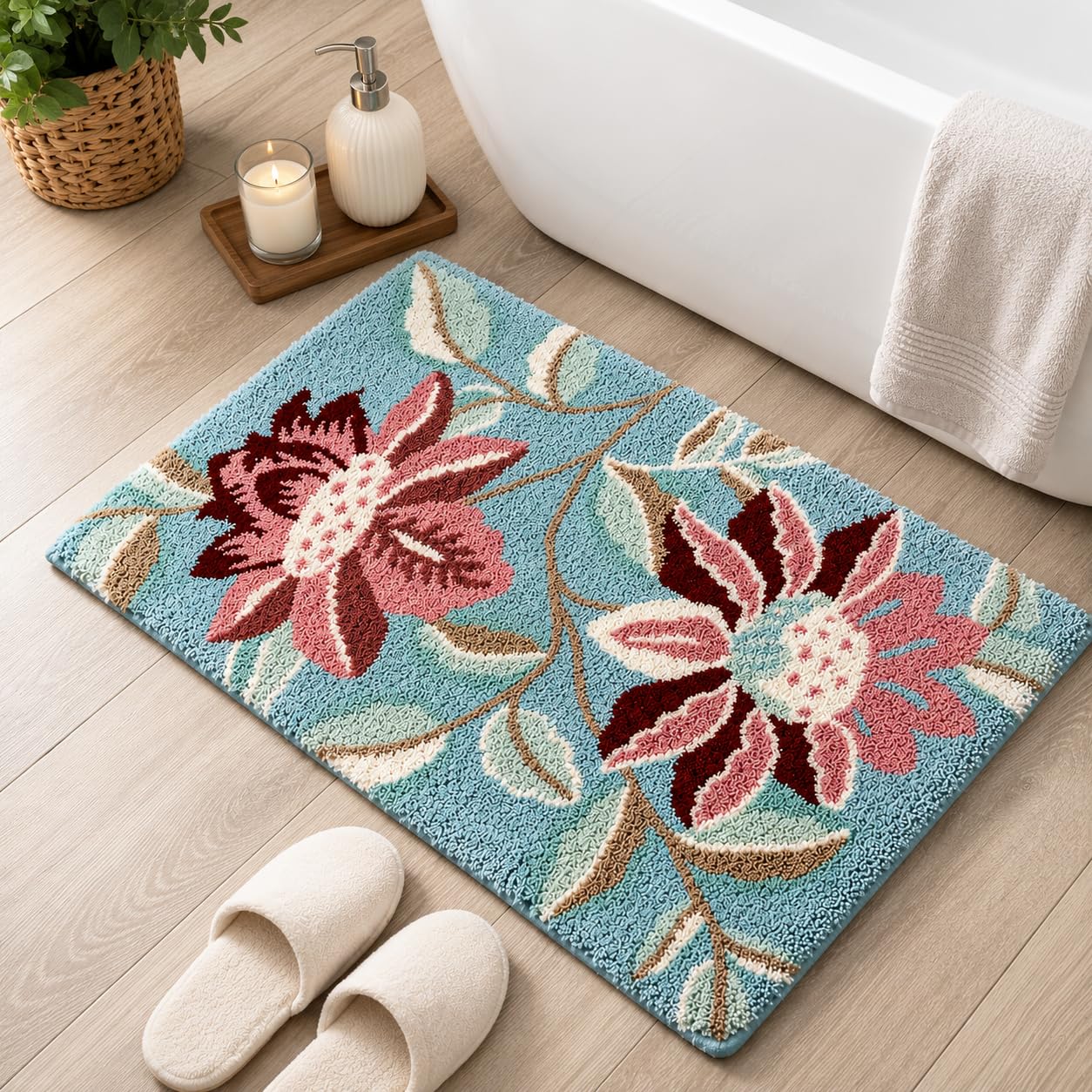 Roseate Two Flower (40x60 cm) Super Absorbent Mats Microfiber 2000 GSM Mat for Bathroom/Kitchen/Door Mats for Home/Floor Mat (Peacock) Pack of 1