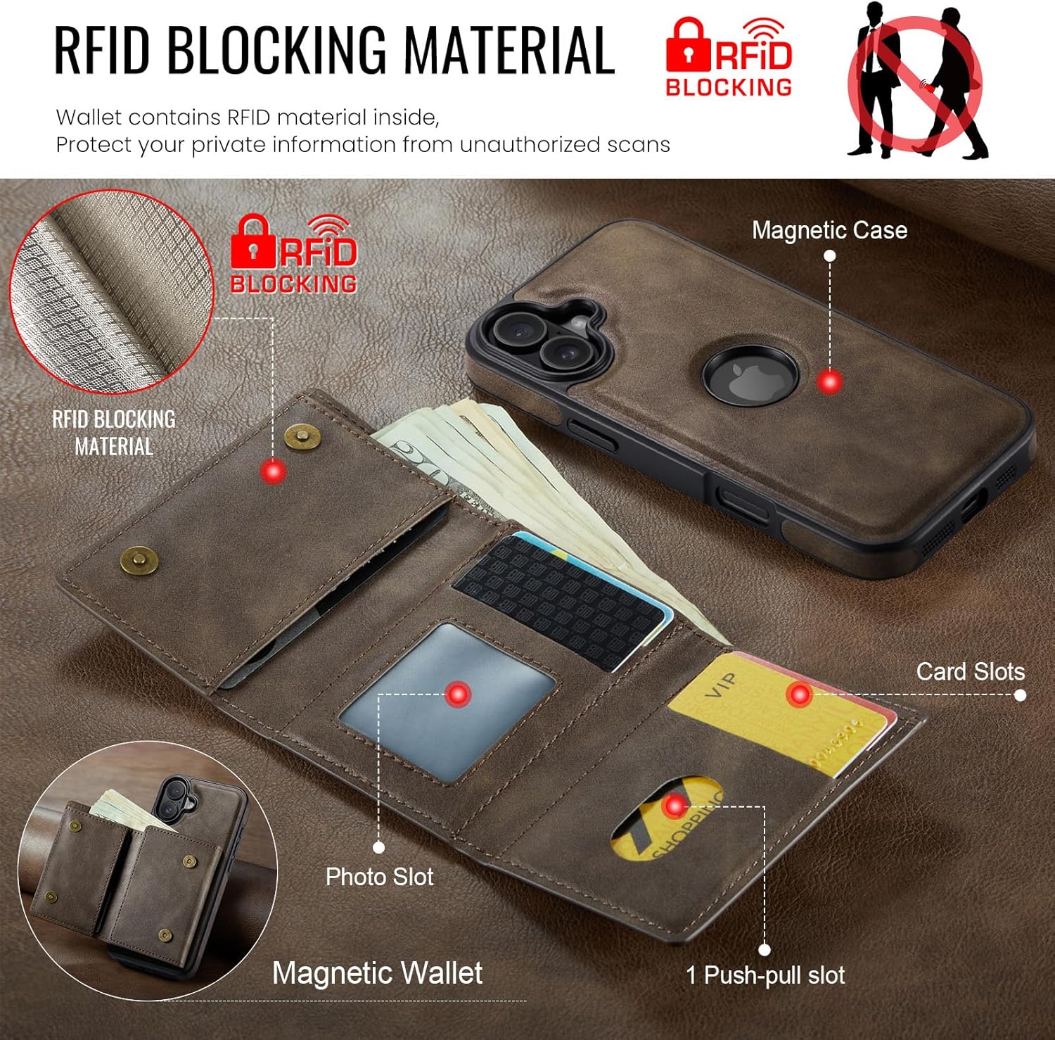 Asuwish Phone Case for iPhone 16 6.1 inch Wallet Magnetic Detachable Cell Cover with Wireless Charging and RFID Blocking Credit Card Holder Flip Stand Kickstand i Phone16 i16 16Case Women Men Coffee