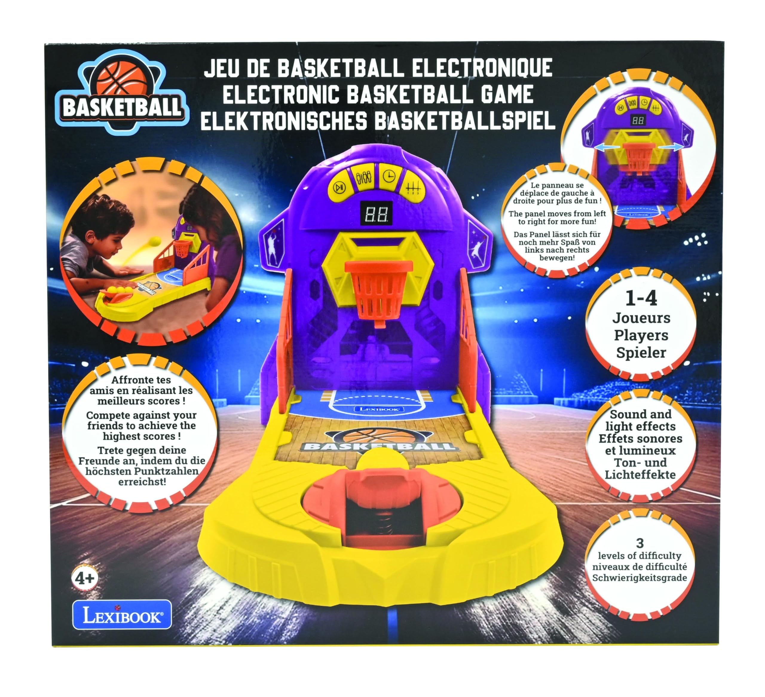 Lexibook, Elektronisches Basketballspiel, Ton- und Lichteffekte, Bewegliches Spielfeld, 3 Schwierigkeitsstufen, 1 bis 4 Spieler, Lila/Gelb, JG910
