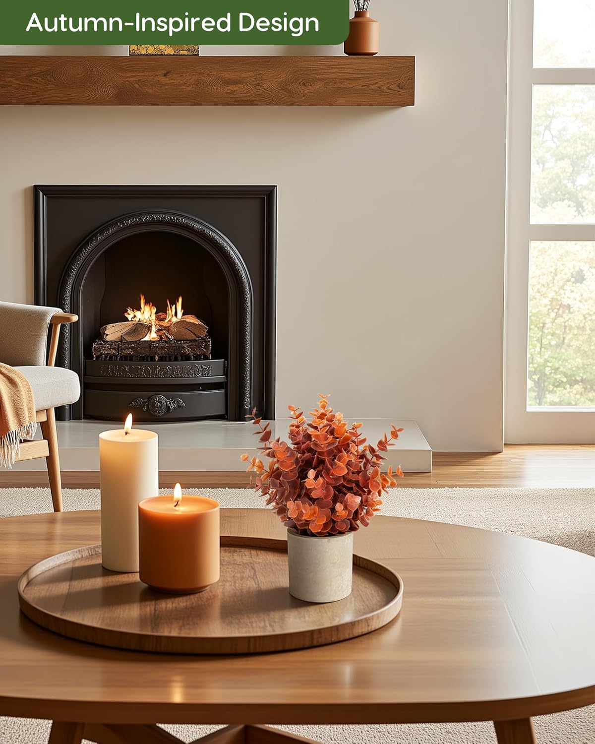 Velener 2 PCS Small Fake Eucalyptus Plant Artificial Potted Plants Indoor for Desk, Shelf, Home Decor Realistic Faux Plant for Office, Bathroom, Living Room Decoration (Fall Orange)