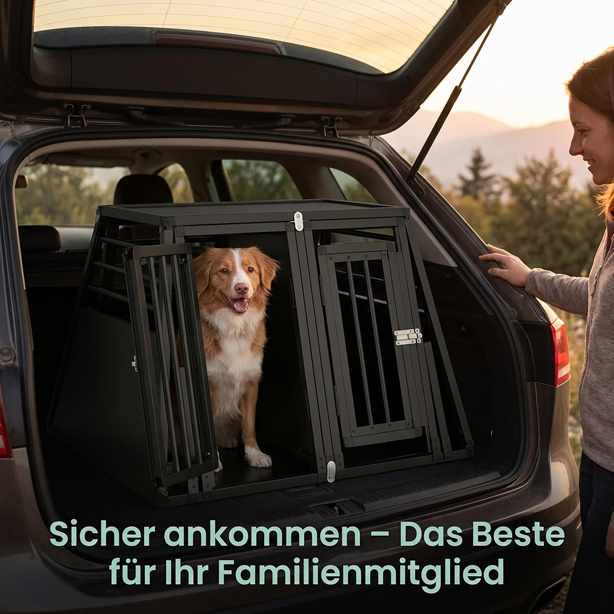 Relaxdays Hundebox Auto, doppelte Hundetransportbox, Kofferraum, abgeschrägt, Trennwand, HBT: 64 x 90 x 82 cm, schwarz