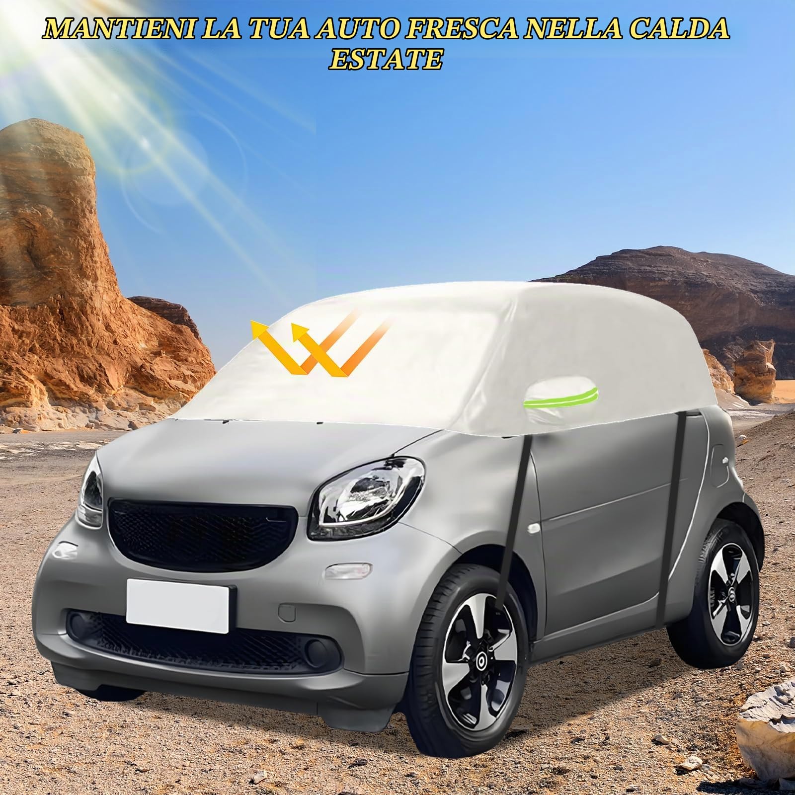 Mezza Copertura per Auto Compatibile con Smart Fortwo 2006-2025, Telo Copriauto da Esterno, Telo Copertura Impermeabile Anti-UV Anti Vento Antipolvere (Bianco)