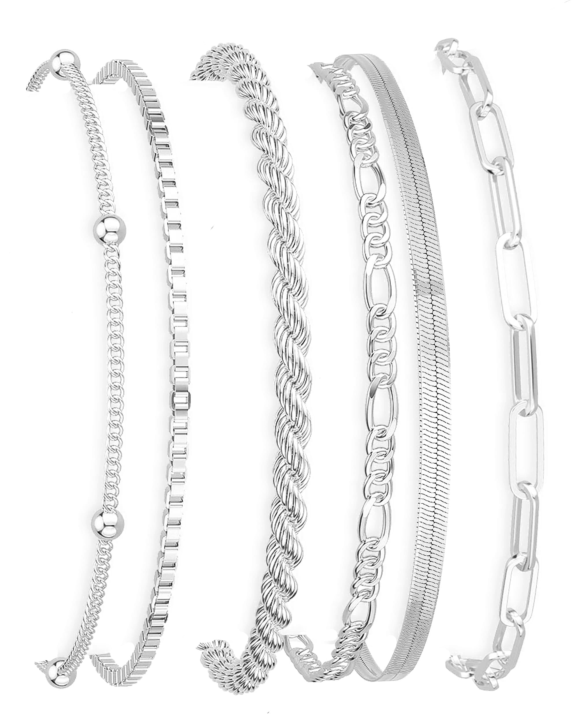 DEARMAYDainty Silver Plated Bracelets for Women Trendy, Silver Jewelry Set for Women Bracelets for Women Paperclip Box Herringbone Figaro Rope Chain Bracelet Fashion Pack Gifts for Women