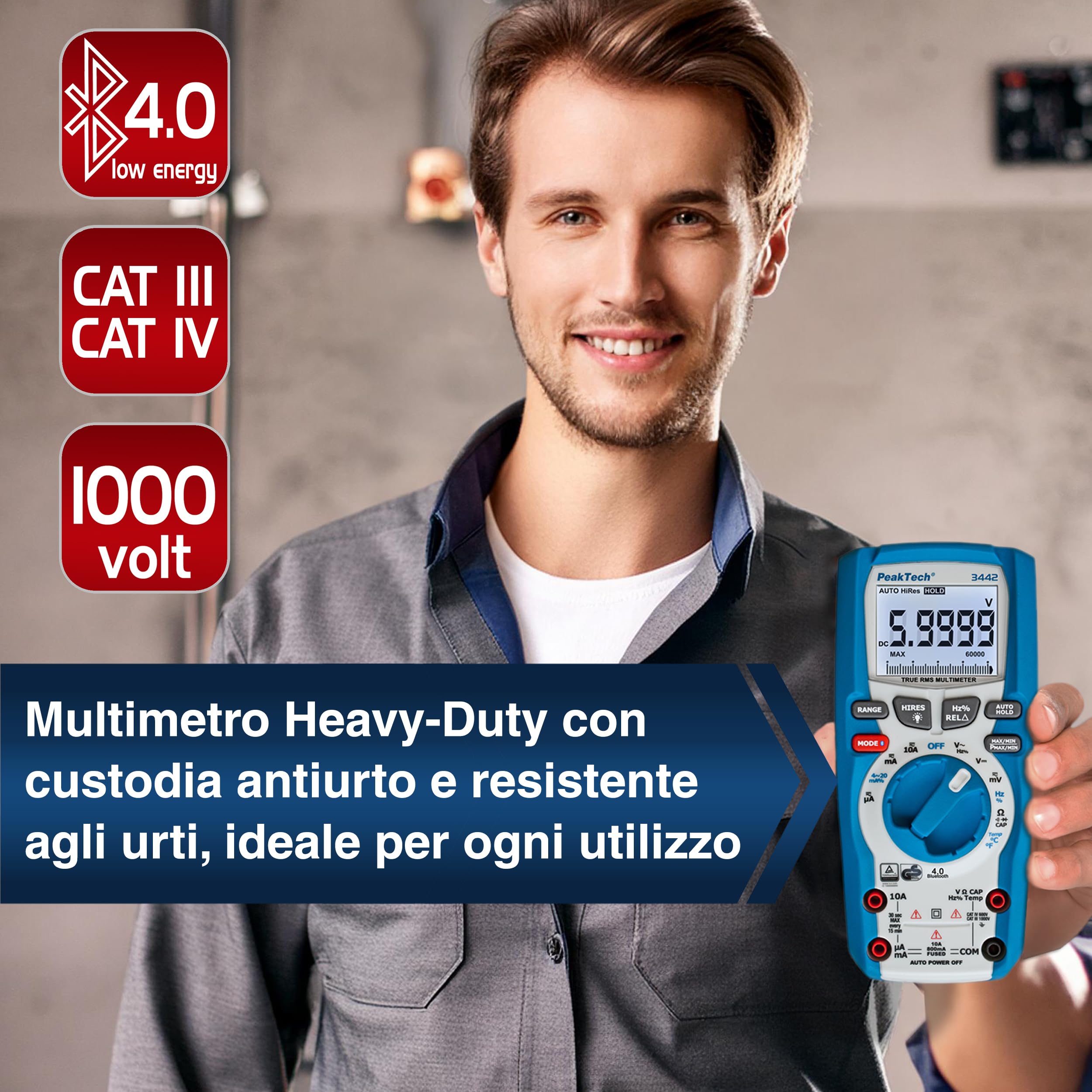 PeakTech 3442 – Multimetro digitale True RMS, con 60.000 conteggi e Bluetooth 4.0, Multimetro portatile professionale, Auto-Hold, TÜV/GS, Voltmetro, Tester di continuità - CAT III 1000V