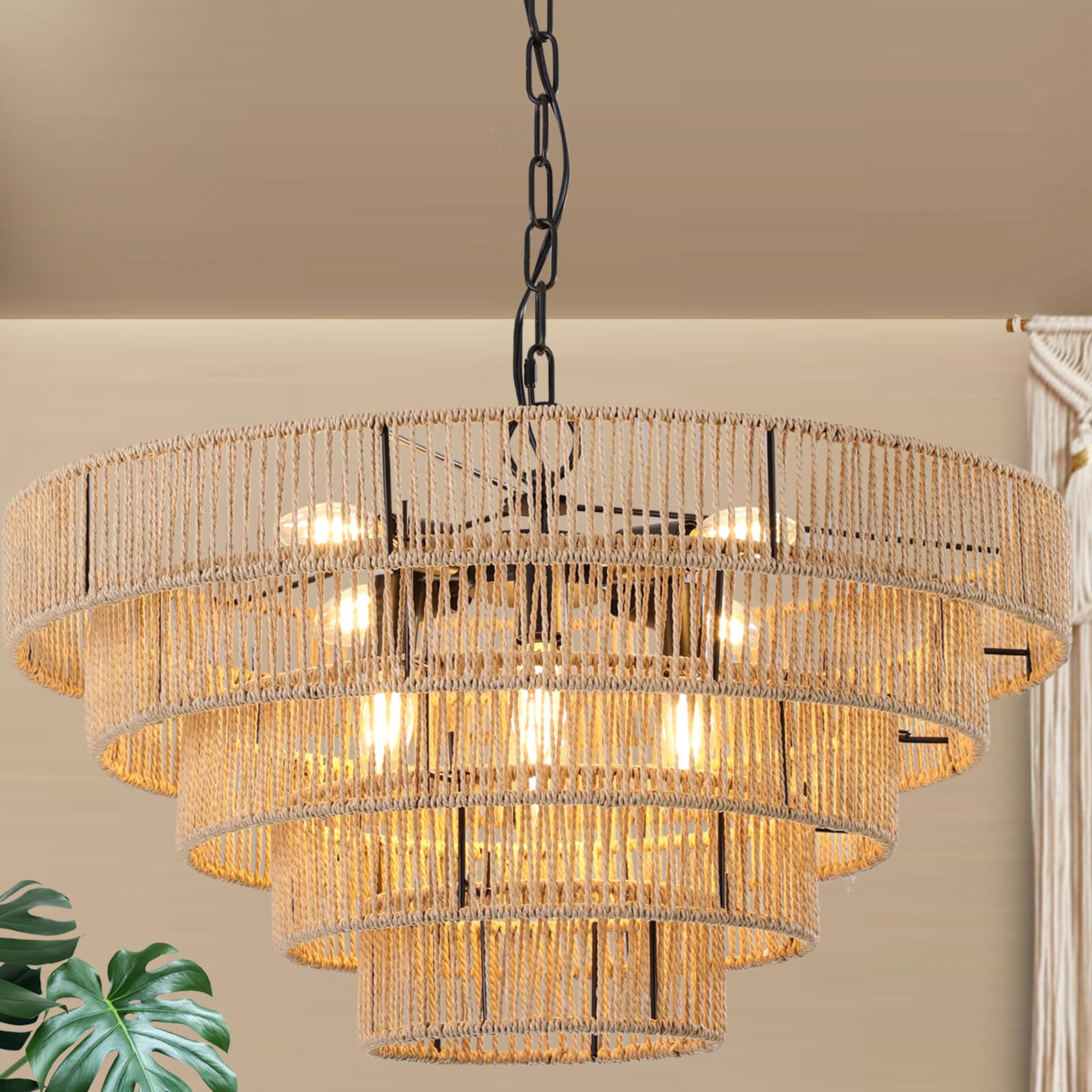 ZSMAIKU 23.6" Wicker Pendant Light Boho Extra Large Rattan Wood Chandelier,5-Tier Hand-Woven Basket Brass Coastal Light Fixture for Kitchen Island,Dining Room-Black Chain Adjustable E12*8 Lights