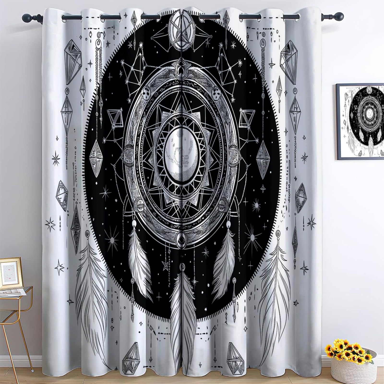 Arte Fantástico Cortinas de Ventana 140 x 260 cm, Opacas Térmicas Aislantes del Frío y del Calor, Sueño Atrapasueños Geometría Plumas para Dormitorio o Sala de Estar, Decoración de Habitación