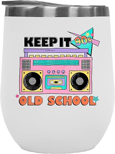 Keep It 90s Old School with Retro Radio Cassette Player Art Merch Gift, White 12oz Wine Tumbler