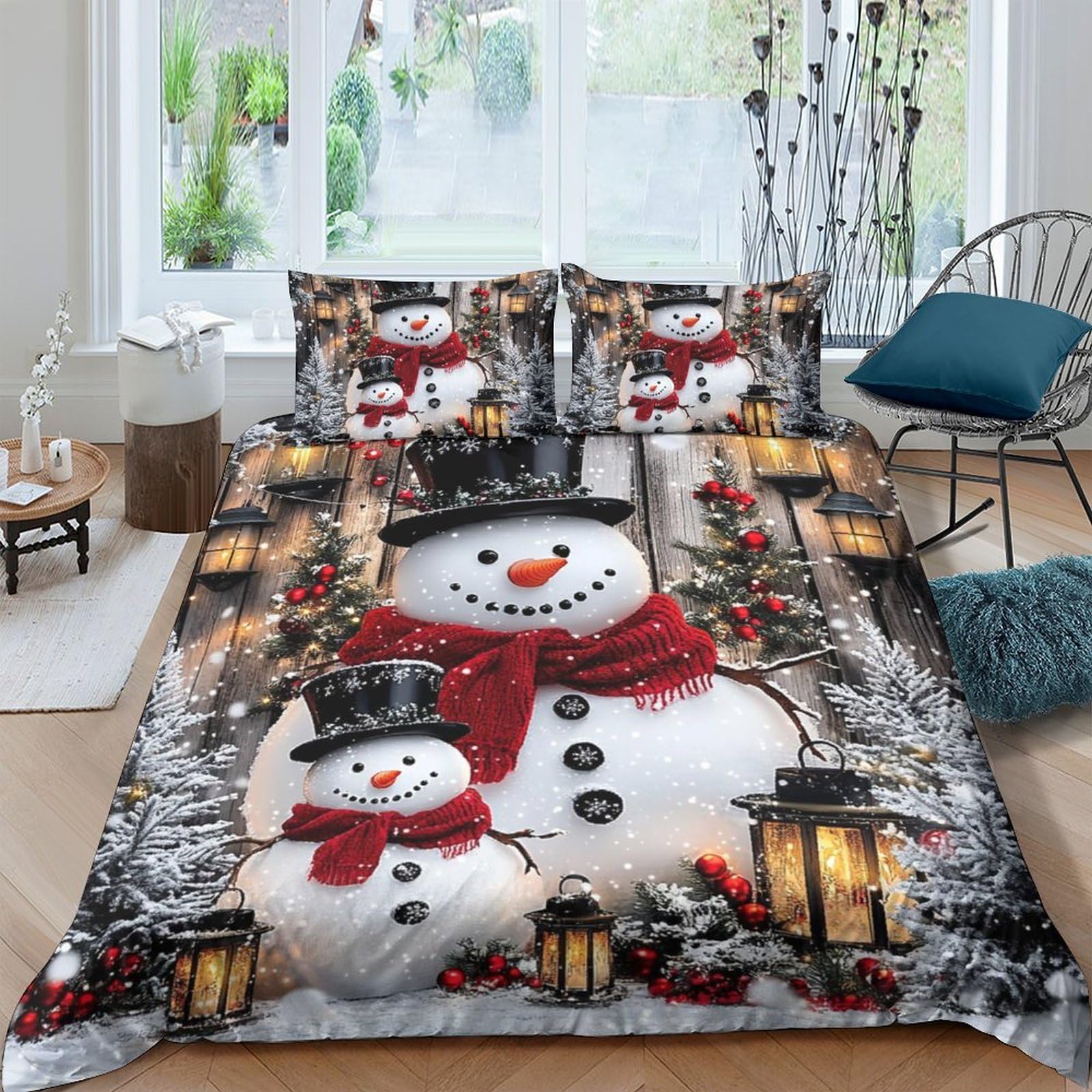 Ctjqhvkz Style-10 3D Printed Snowman Winter Scene Fitted Sheet Microfiber Soft Christmas Lantern Bed Cover For Bedroom Dorm Decor Single（135X200cm）