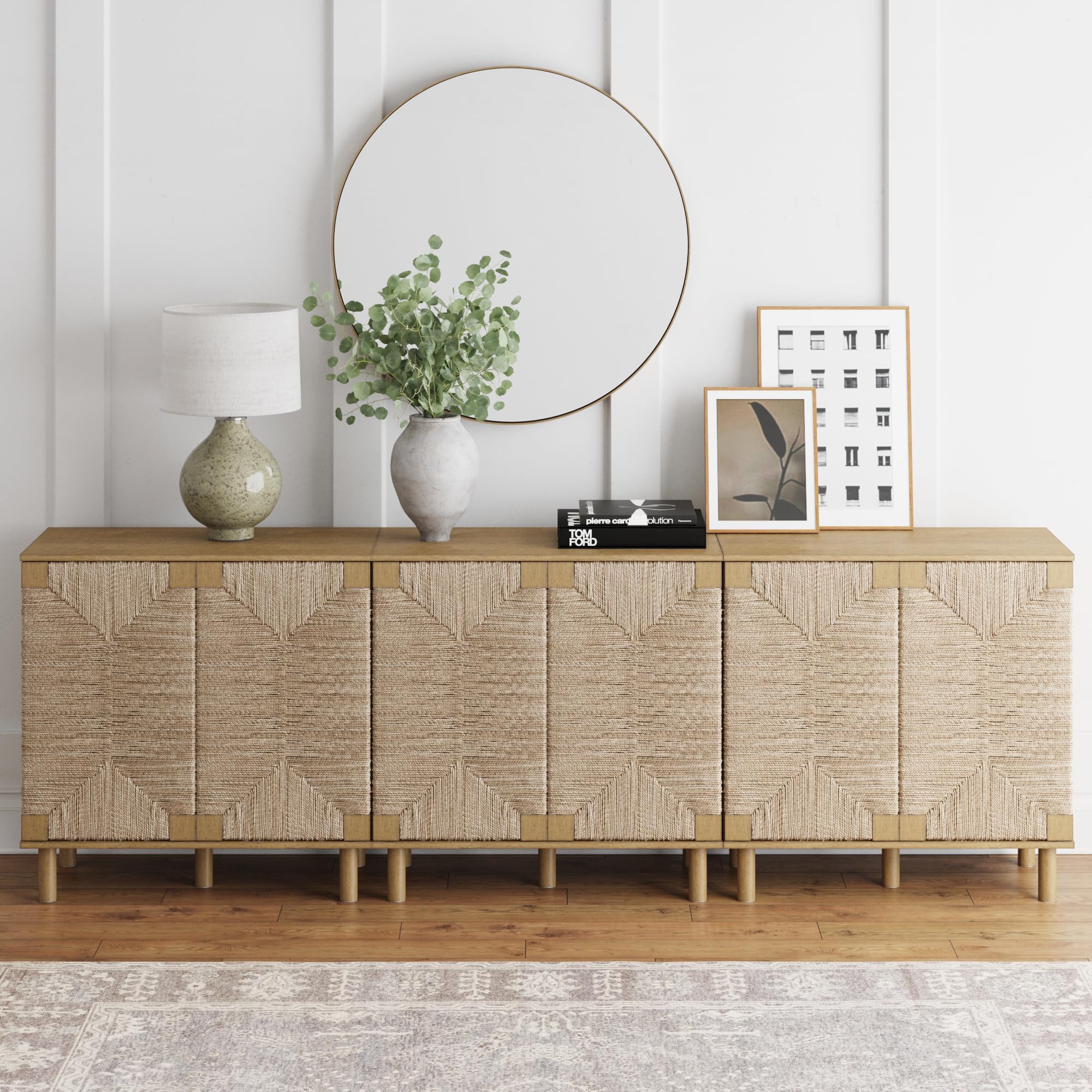 Nathan James Beacon Accent Natural Sideboard Storage Cabinet TV Stand in Light Wood with Adjustable Interior Shelf and Seagrass Doors, for Hallway,