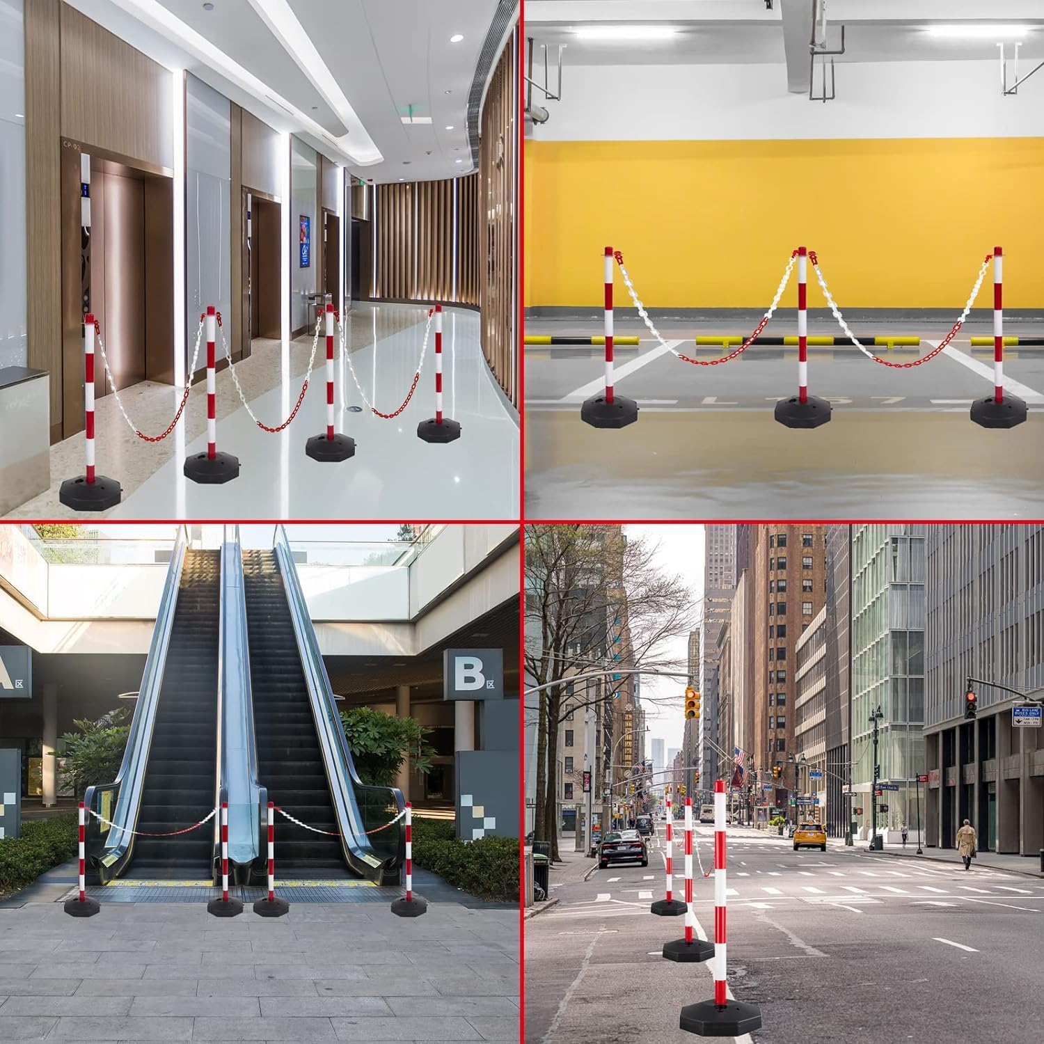 Barreras de estacionamiento, 6 Postes de señalización Vial en Forma de Cono con Base rellenable y barandilla de Seguridad Vial expandible con Postes de bolardos de Cadena de plásti