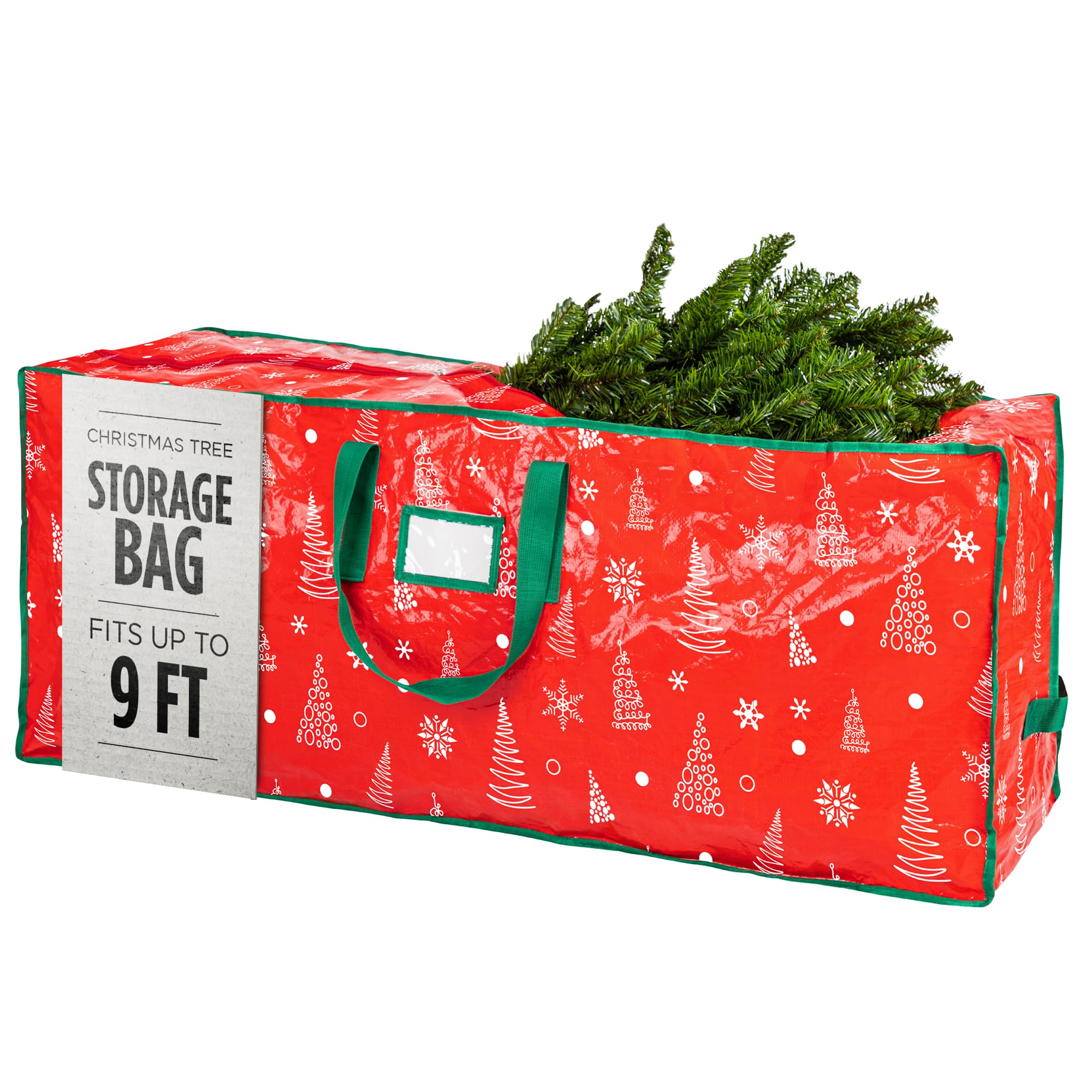 Christmas Tree Storage Bag - Stores 9 Foot Artificial Xmas Holiday Tree, Durable Waterproof Material, Zippered Bag, Carry Handles - Protects Against Dust, Insects and Moisture (Red Printed)