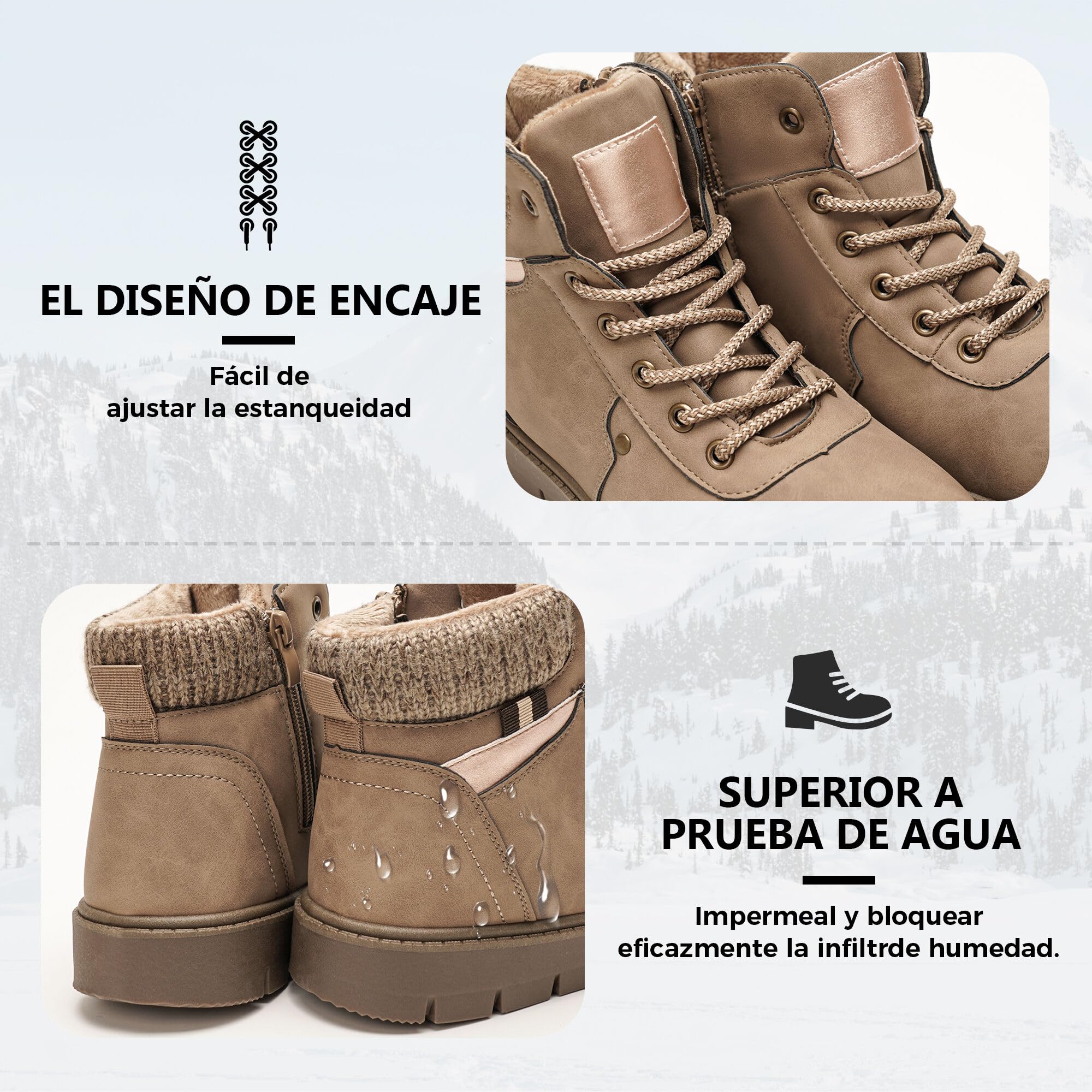 GLAMORA Botines de Invierno para Mujer, Botas de Nieve con Pelo, Cómodas y Antideslizantes, Cremallera Lateral y Cordones