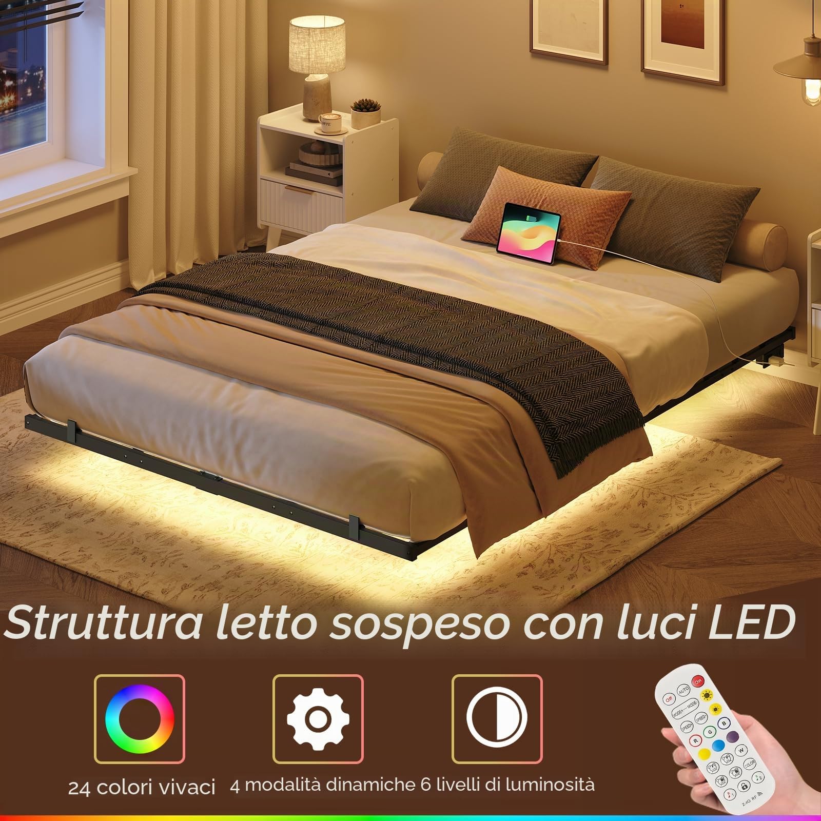 MAHANCRIS Struttura del Letto Sospeso 140 x 200 cm, Telaio in Metallo Letto Matrimoniale con Stazione di Ricarica e Luci LED, 1 Presa AC, 1 Porta USB-A e 1 Porta Type-C, Nero e LegnoABFHN637UE01