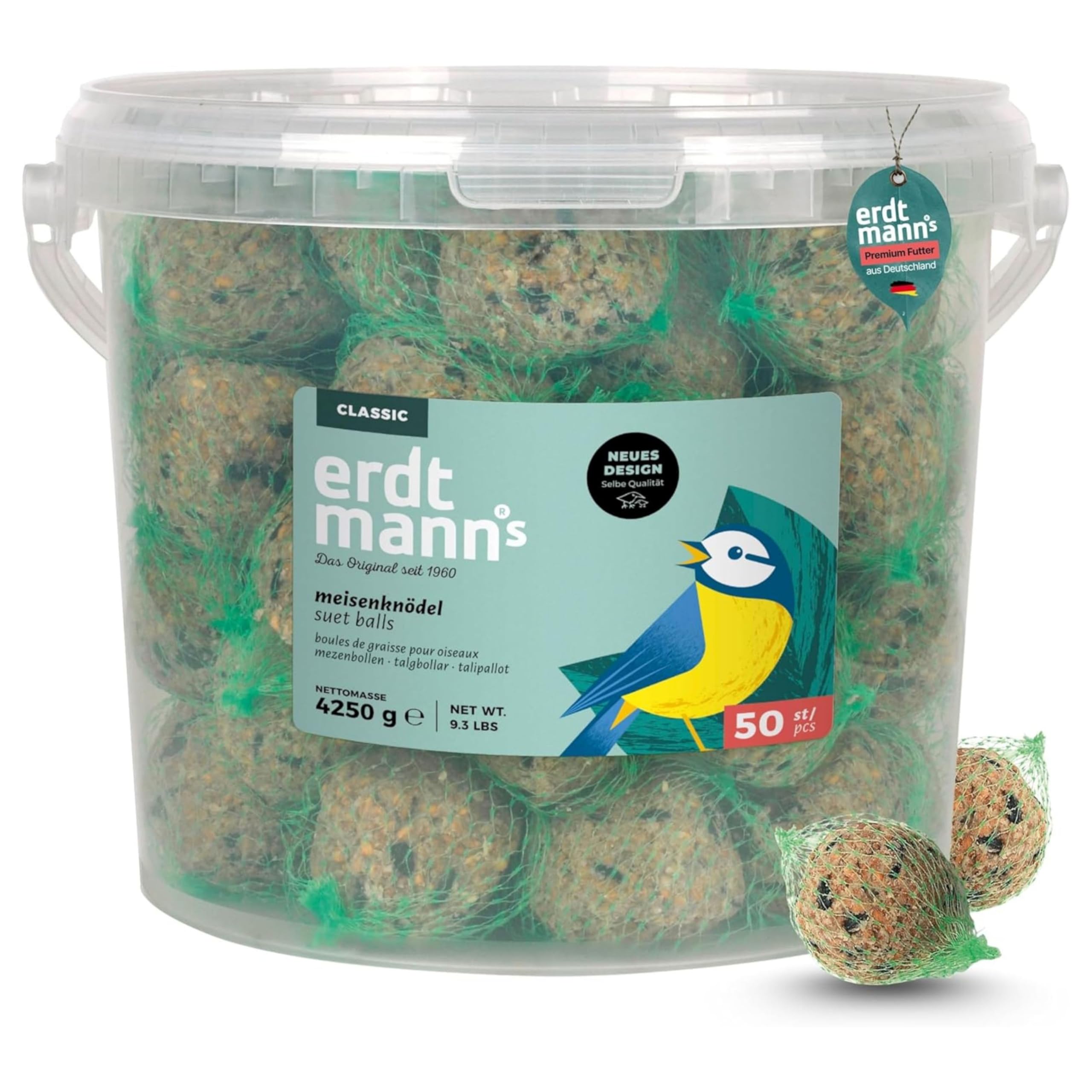 Erdtmanns 50 Meisenknödel mit Netz im Eimer 4,25 kg – Vogelfutter mit Getreideflocken & Sonnenblumenkernen – Ganzjahresfutter für Wildvögel – für Garten, Balkon & Bäume
