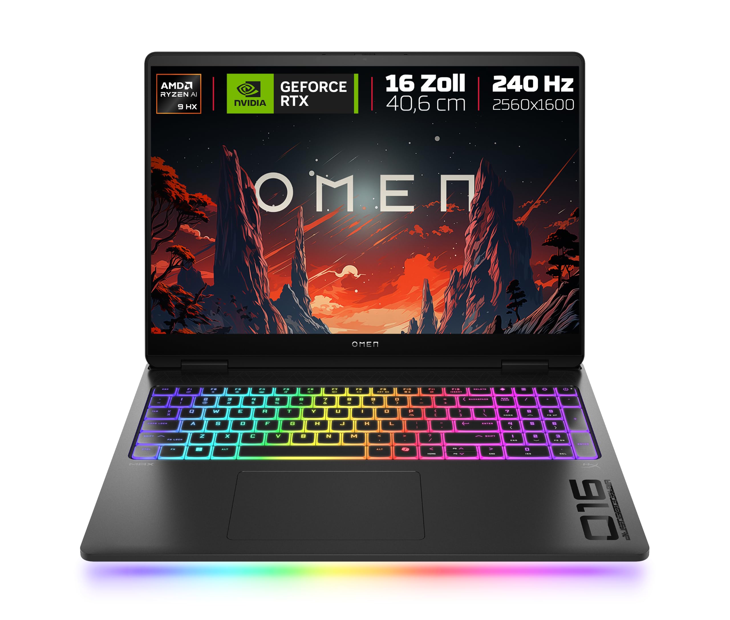 HP Omen MAX Gaming Laptop, 16" WQXGA Display 240 Hz, AMD Ryzen AI 9 HX 375 (12C) 55 NPU Topy - do 5,1 GHz, NVIDIA GeForce RTX 5080, 16 GB VRAM, 32 GB RAM, 1 TB SSD, Win 11, QWERTZ, RGB, czarny