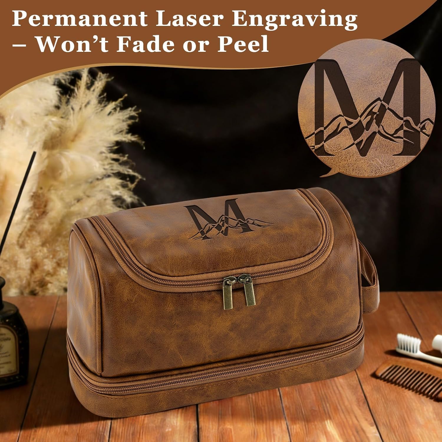 Personalized Toiletry Bag Fathers Day Birthday Gifts for Men Dad Husband, Custom Initial Waterproof PU Leather Toiletry Organizer Dopp Kit Shaving Bag Travel Essential for Him Light Brown J