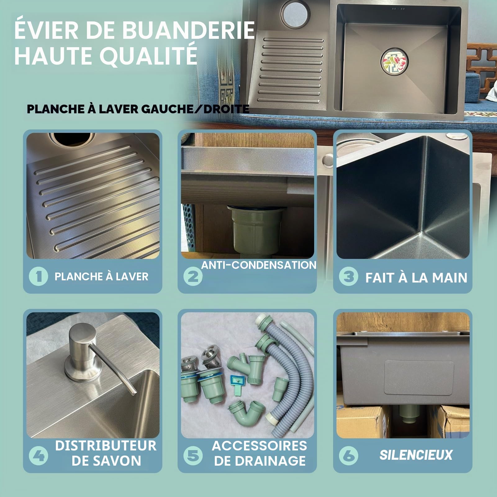 Évier Utilitaire En Acier Inoxydable SUS 304 - Double Cuve Avec Planche À Laver Intégrée Évier À Linge, Facile À Nettoyer, Pour Buanderie, Salle De Bain, Cuisine Et Garage(Silver-L,80x48cm)