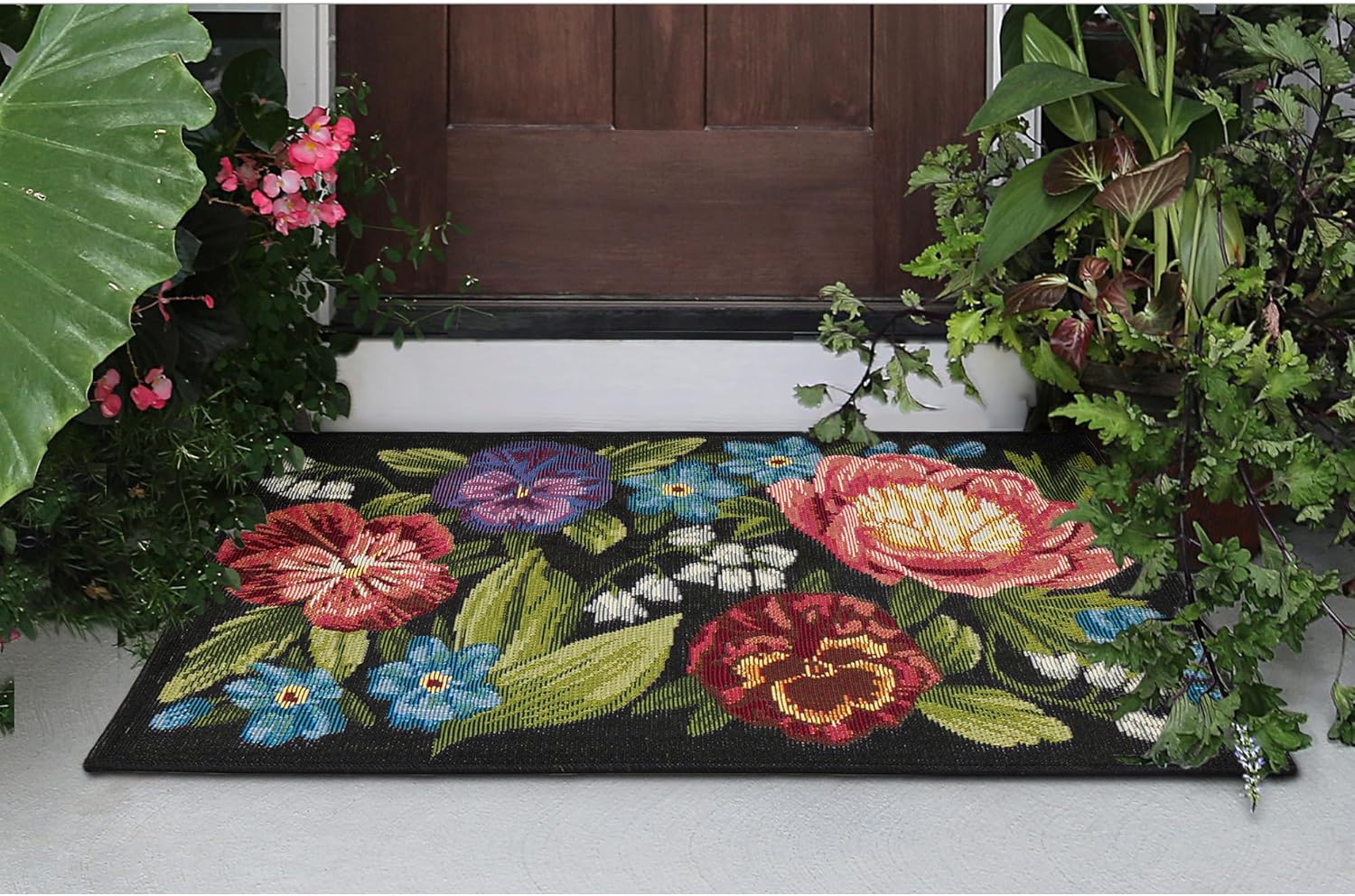Liora Manne Esencia Machine Washable Non-Slip Low Profile Indoor/Outdoor Mat-Transitional, Garden, Floral, Botanical, Secret Garden Black 2'5" x 3'11"