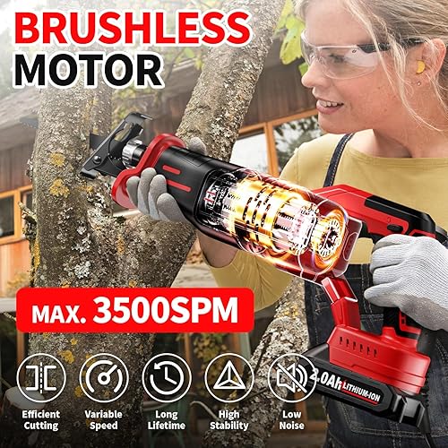 Miniatura 4 de Sierra recíproca inalámbrica, sin escobillas, 0-3500 SPM, sierras inalámbricas con 2 * 2.0 Ah batería y 4 hojas, sierras recíprocas alimentadas por