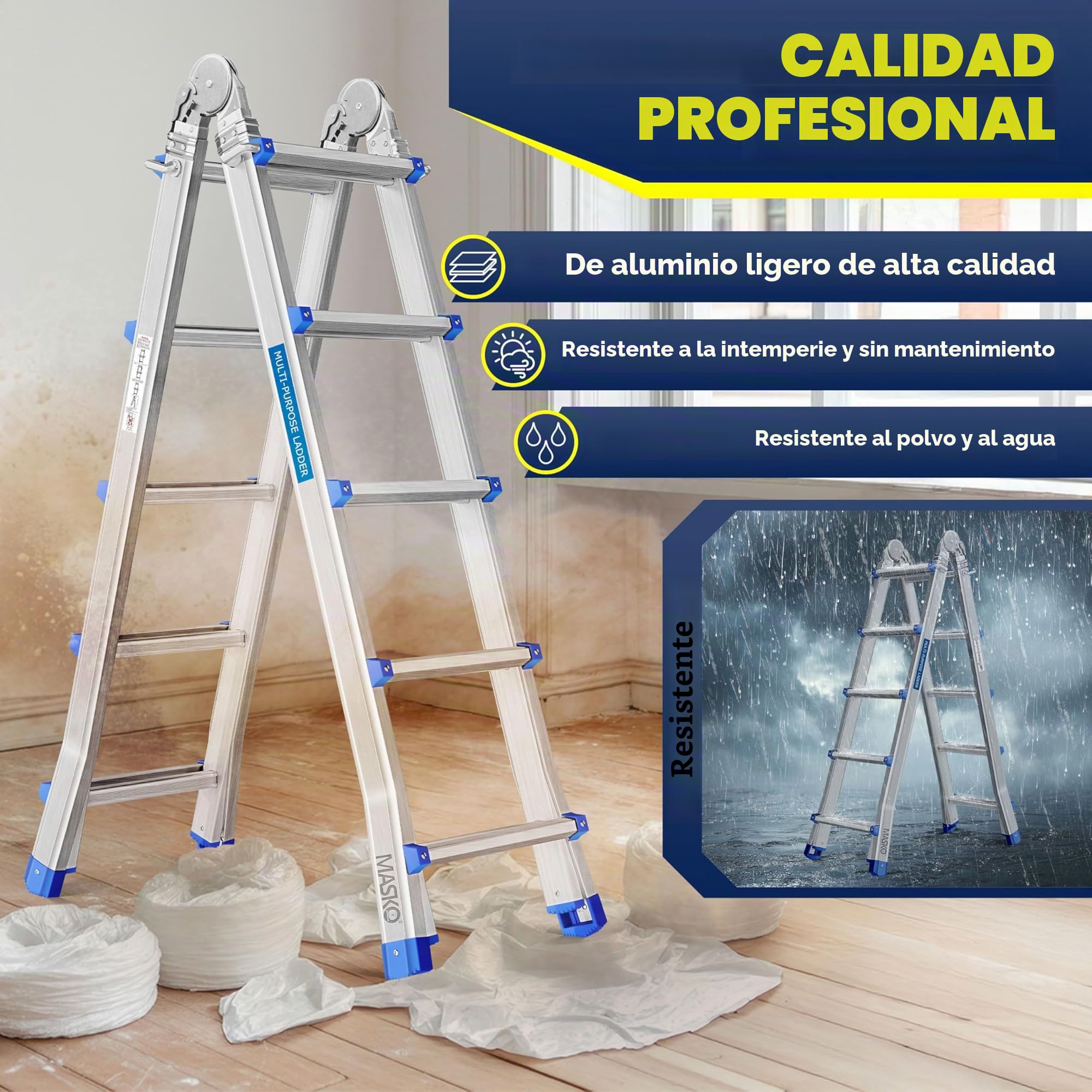 MASKO® Escalera de Aluminio multifunción 5,10m 4x5 peldaños Escalera telescópica ✓ Escalera multifunción ✓ Escalera Plegable Escalera de Caballete Escalera Extensible Escalera de Tijera de Doble Cara