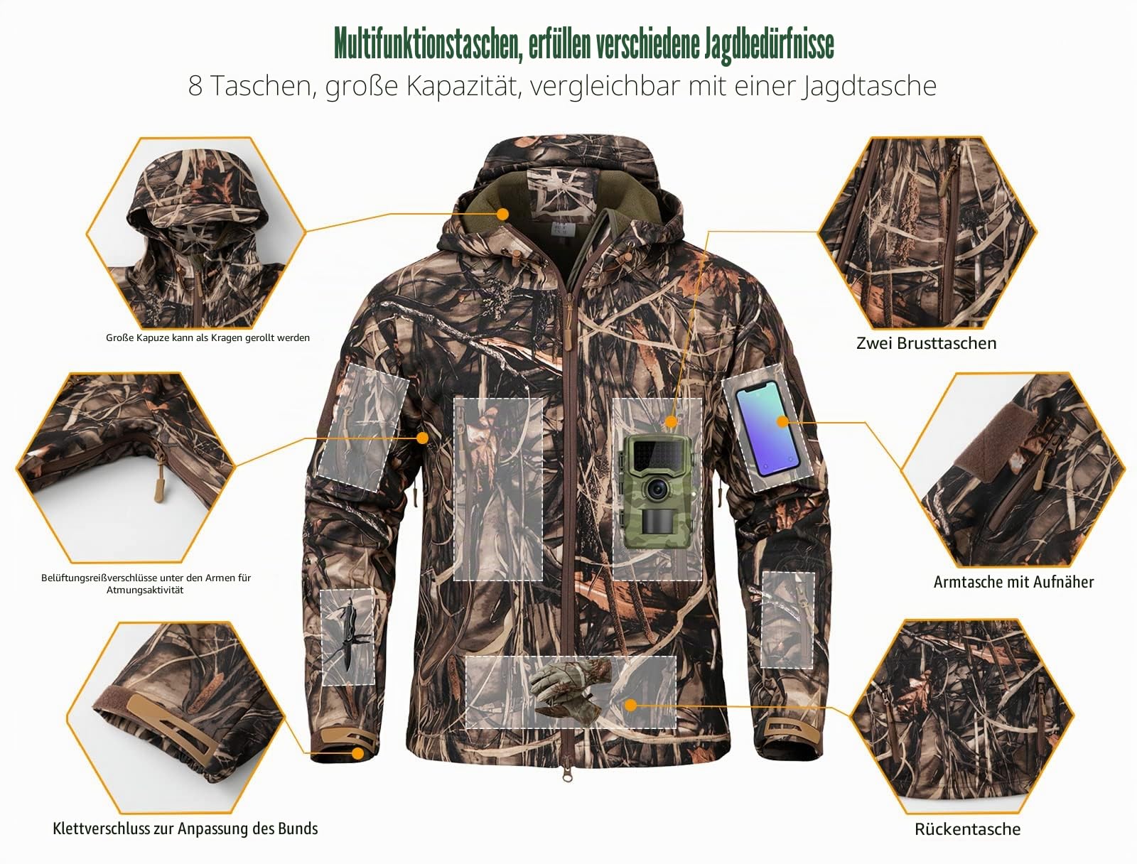 CARWORNIC Herren Real Tree Tarnjacke Outdoor Jagd Softshelljacke Wasserdichte Militär Taktische Jacke Fleece Kapuzenjacke