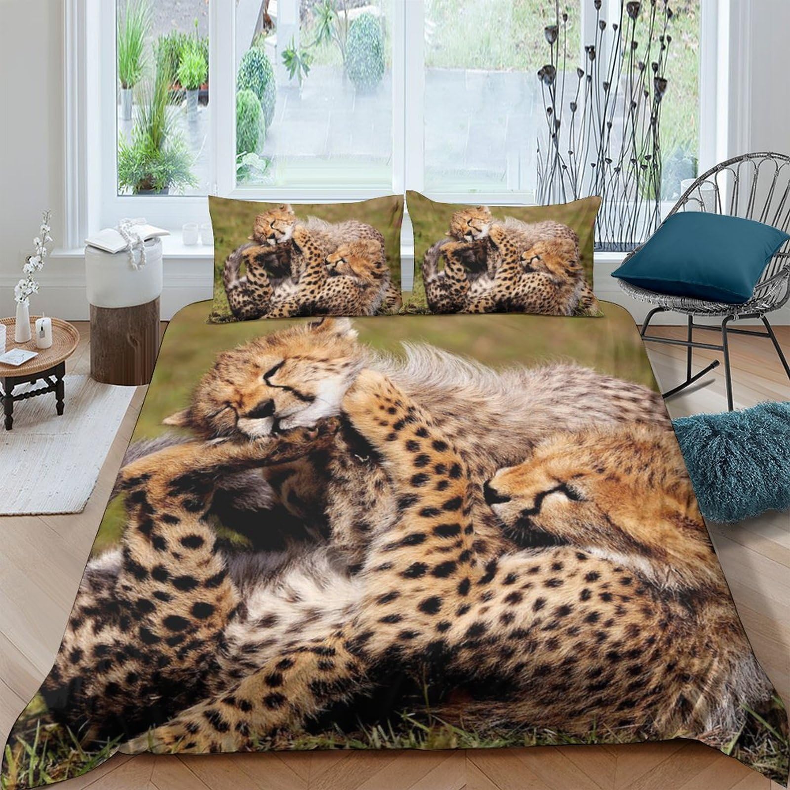 Ctjqhvkz Style-1 3D Printed Cheetah Family Fitted Sheet Microfiber Soft Breathable Safari Wildlife Bed Cover For Bedroom Decor Protection Single（135X200cm）