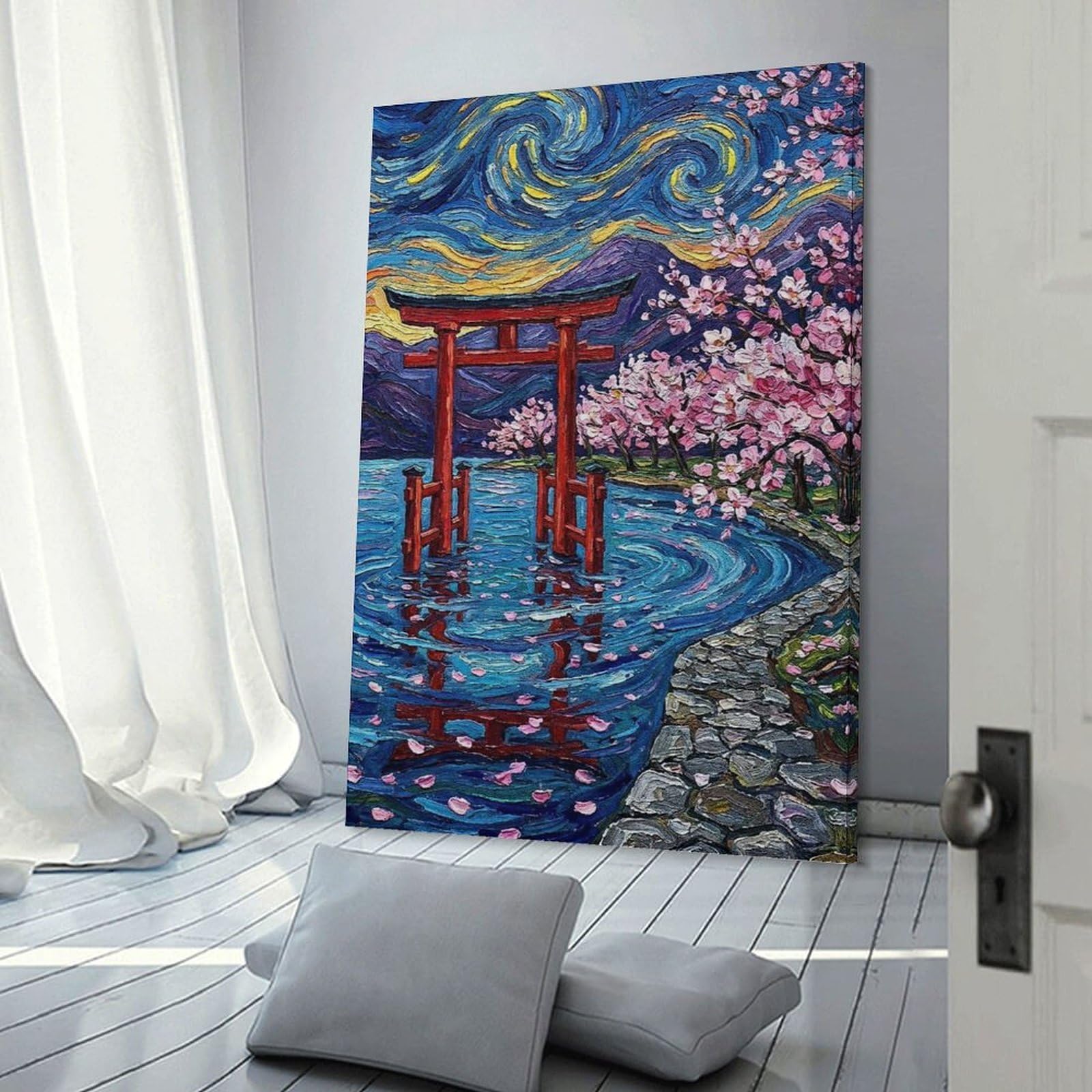 Junmoney Japanese Torii Gate with Cherry Blossoms Hanging Wall Art 08x12inch(20x30cm), for Front Hall, Corridor Or Welcome Spaces, Wall Decor to Refresh Empty Corners