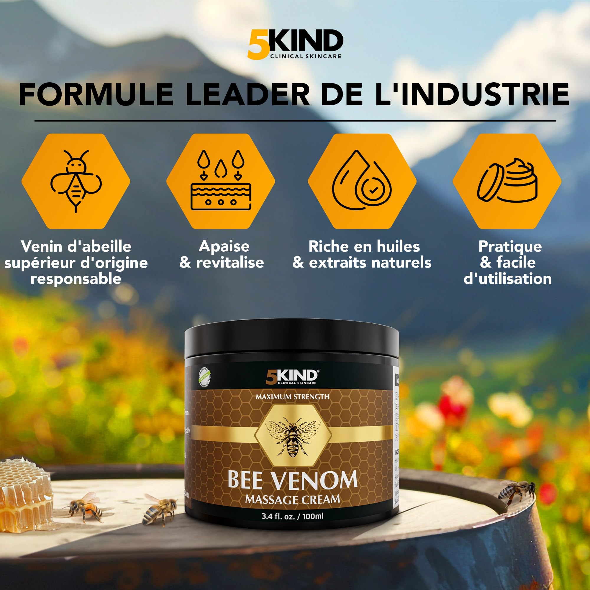 5Kind Creme Venin d'Abeille Maximum Strength 100ml - Bee Venom Cream - Massage Naturel des Articulations & Muscles, Bas du Dos, Genoux, Cou, Hanches & Pieds - Provenance Responsable