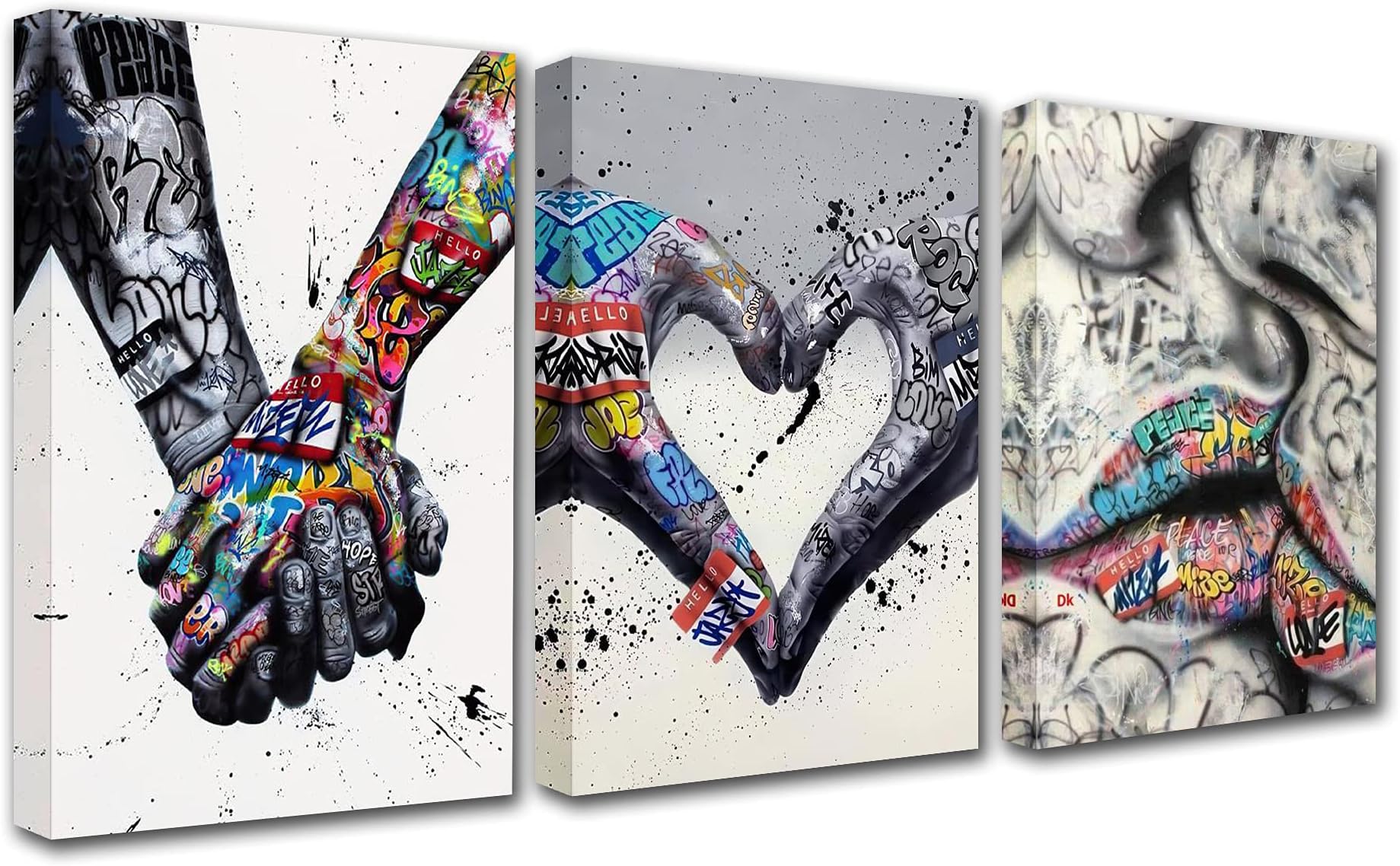 Banksy Street Art Decor Lovers Holding Hands Painting Graffiti Picture Romantic Heart Wall Art 3 Panel Prints on Canvas Holding Hands Artwork Living Room Home Decor Framed Ready to Hang(60''Wx28''H)