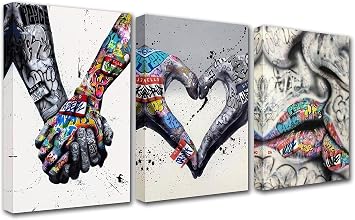 Banksy Street Art Graffiti Hand Pictures Heart Love Paintings Romantic Kiss Artwork for Living Room Gift 3 Pieces Canvas Wall Art Nordic Home Decor Framed Ready to Hang Poster and Prints42''Wx20''H