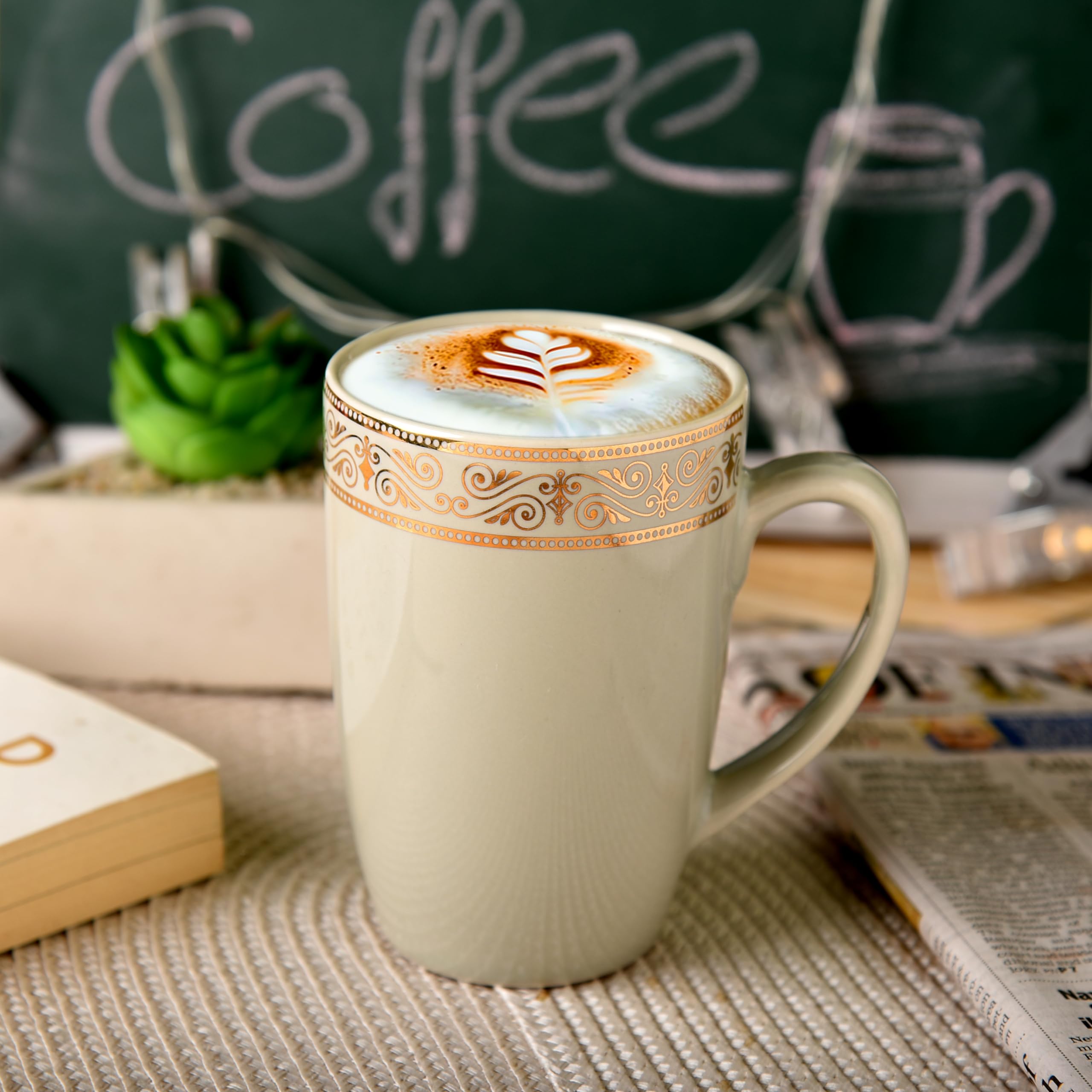 KRISTA Porcelain Golden Border Design 280ml, Coffee Mugs, Tea Cup, Milk Cups, Gift for Anniversary, Birthday, Wedding (Light Olive)