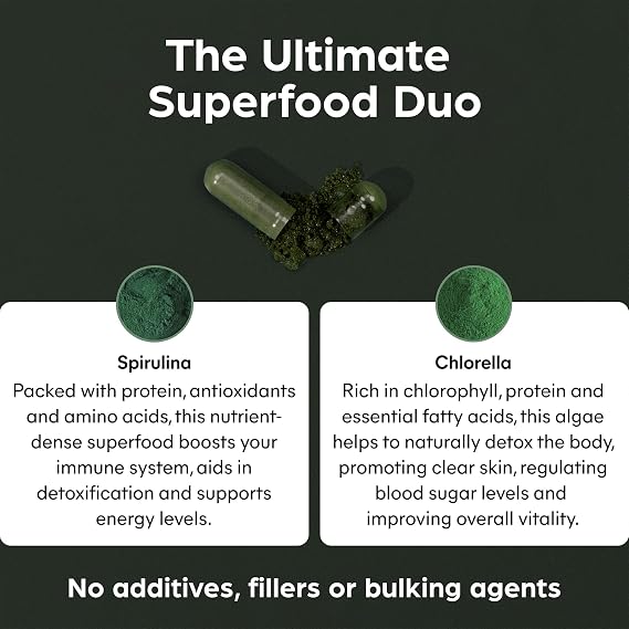 Purolabs Spirulina & Chlorella Capsules – High Strength Spirulina Tablets Alternative for Energy, Detox & Immunity – Clean Formula, Vegan, Non-GMO – 90 Capsules