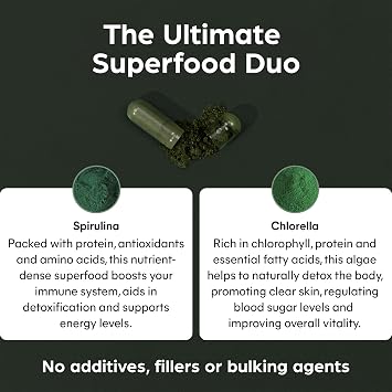 Purolabs Spirulina & Chlorella Capsules – High Strength Spirulina Tablets Alternative for Energy, Detox & Immunity – Clean Formula, Vegan, Non-GMO – 90 Capsules