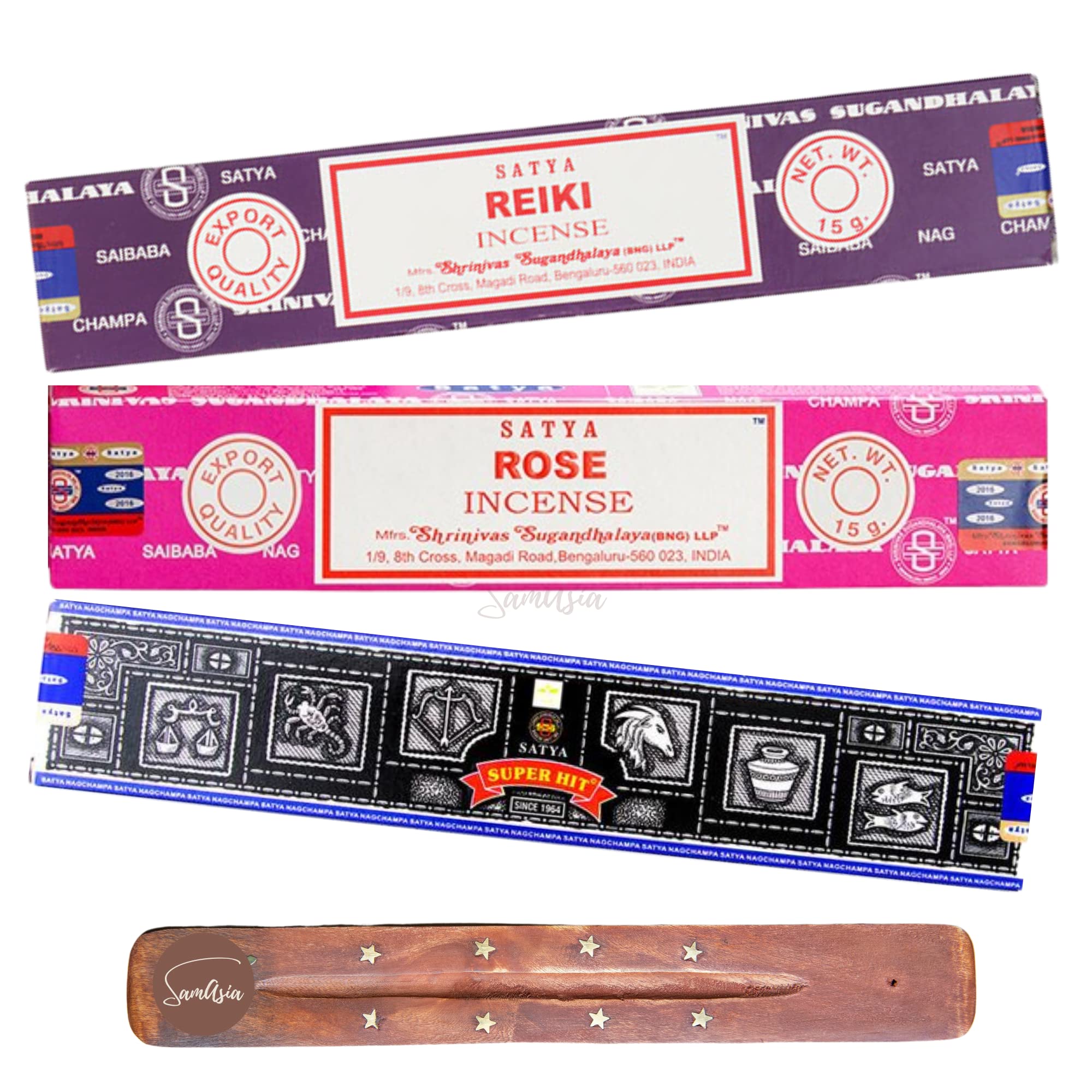 Satya Nag Champa Reiki, Rose and Super Hit Incense Sticks | x3 pack | with SAMASIA incense sticks holder | Burn for Healing
