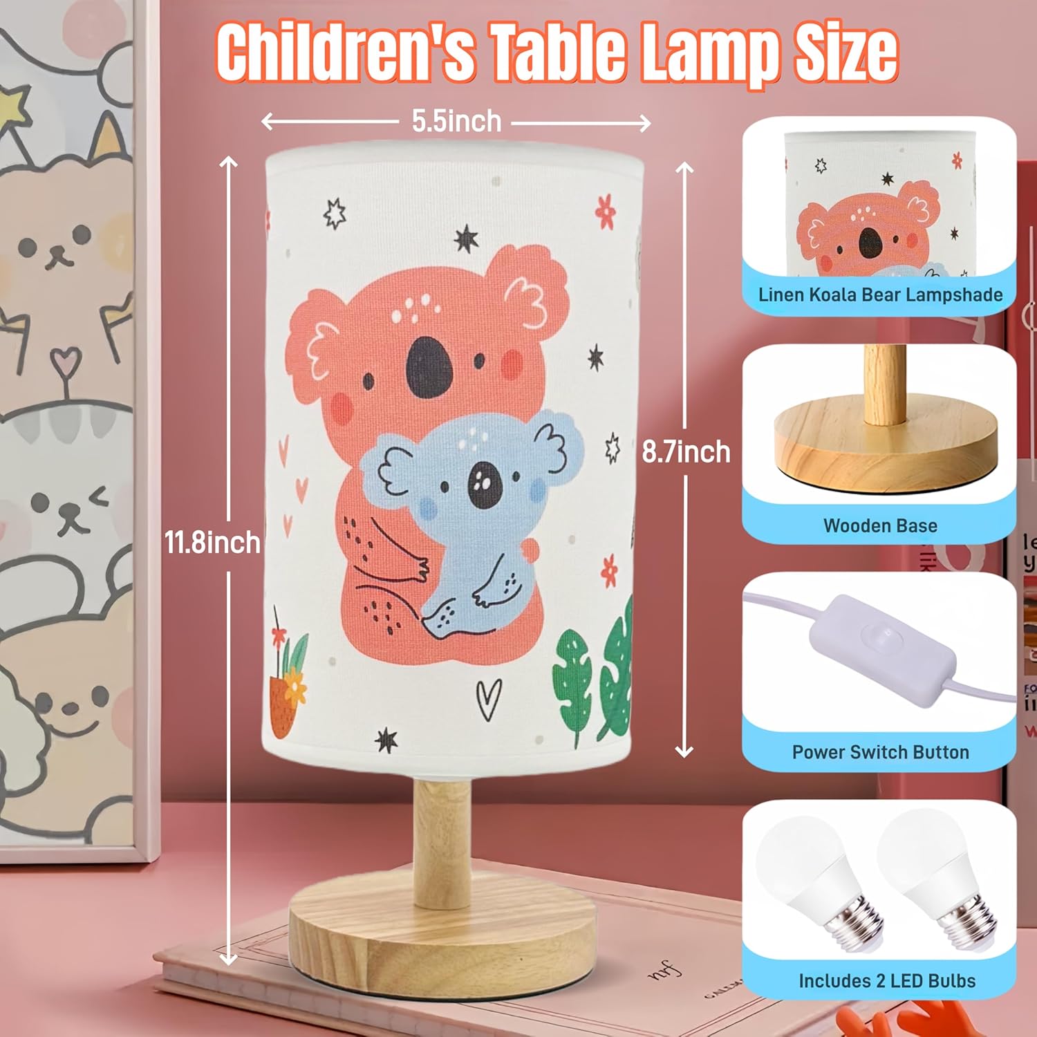 Kids Lamp,Girls for Bedroom Nightstand Lamps,3Color Modes LED Bedside Night Light with Koala Bear Cartoon Lampshade and Wood Base Desk Lamp for Kids Room,Home Decor,Birthday Gift for Girl and Boys